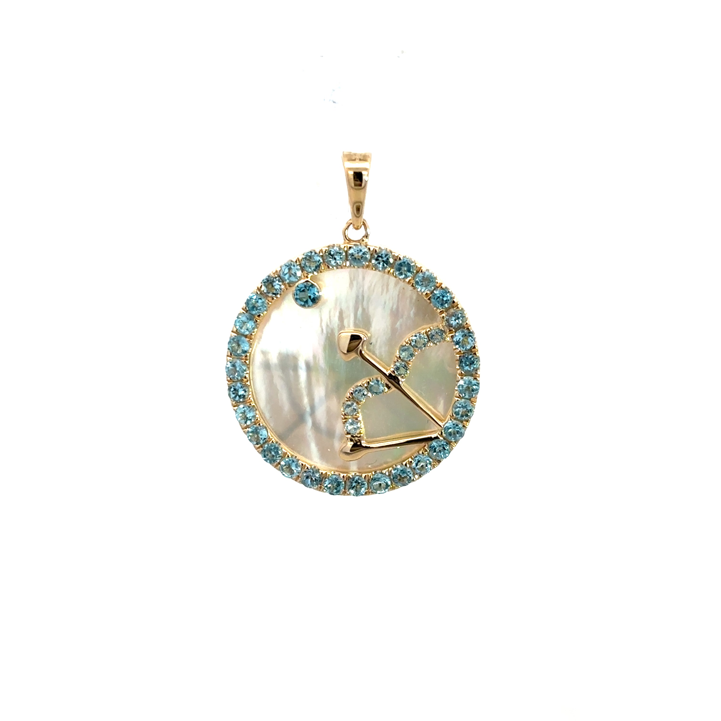 14KY SAGITTARIUS ZODIAC MOP & BLUE TOPAZ PENDANT ST7.46CT