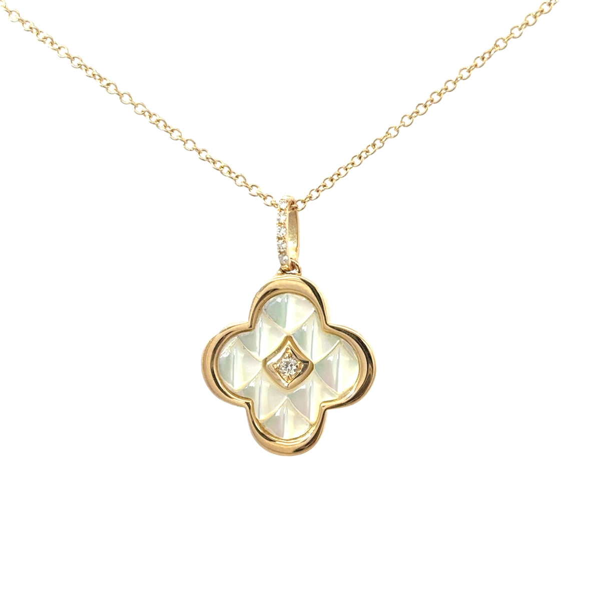D0.04CT 14KY CLOVER BEZEL TEXTURE CENTER DIAMOND NECKLACE MOP 1.33CT