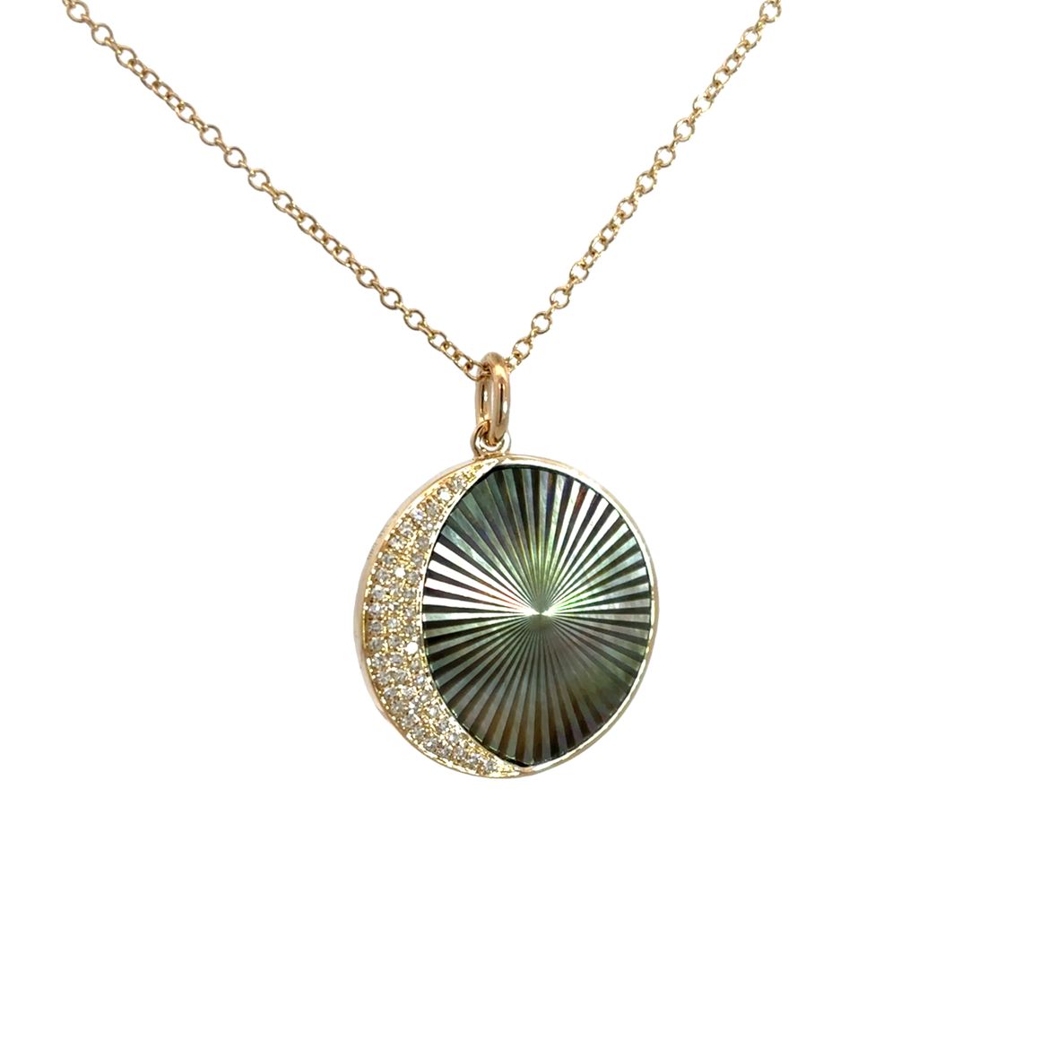 D0.10CT 14KY TEXTURE COIN MOON NECKLACE MOPB2.44CT
