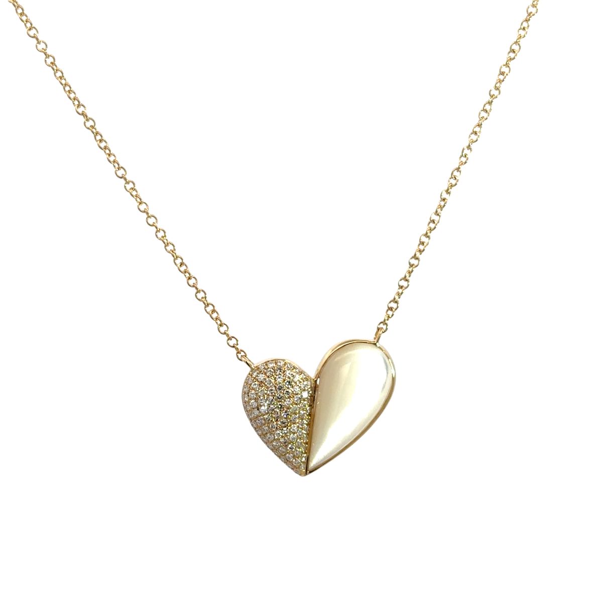 D0.18CT 14KY HEART PUFF CURV HALF PAVE AND MOP NECKLACE MOP2.30CT