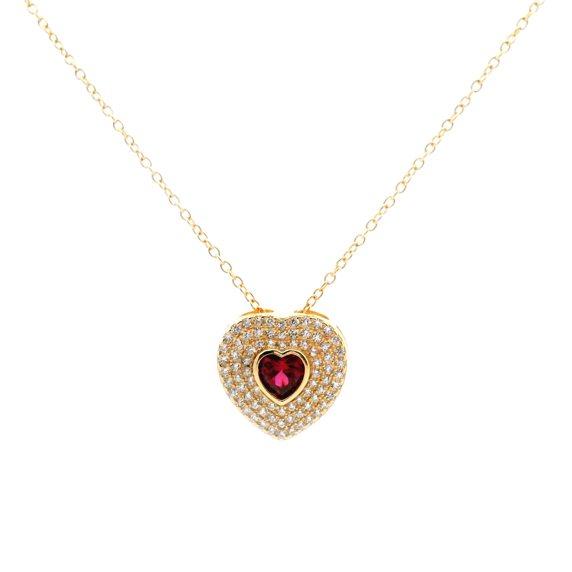 925GD HEART PAVE WITH HEART PINKISH RED CZ NECKLACE