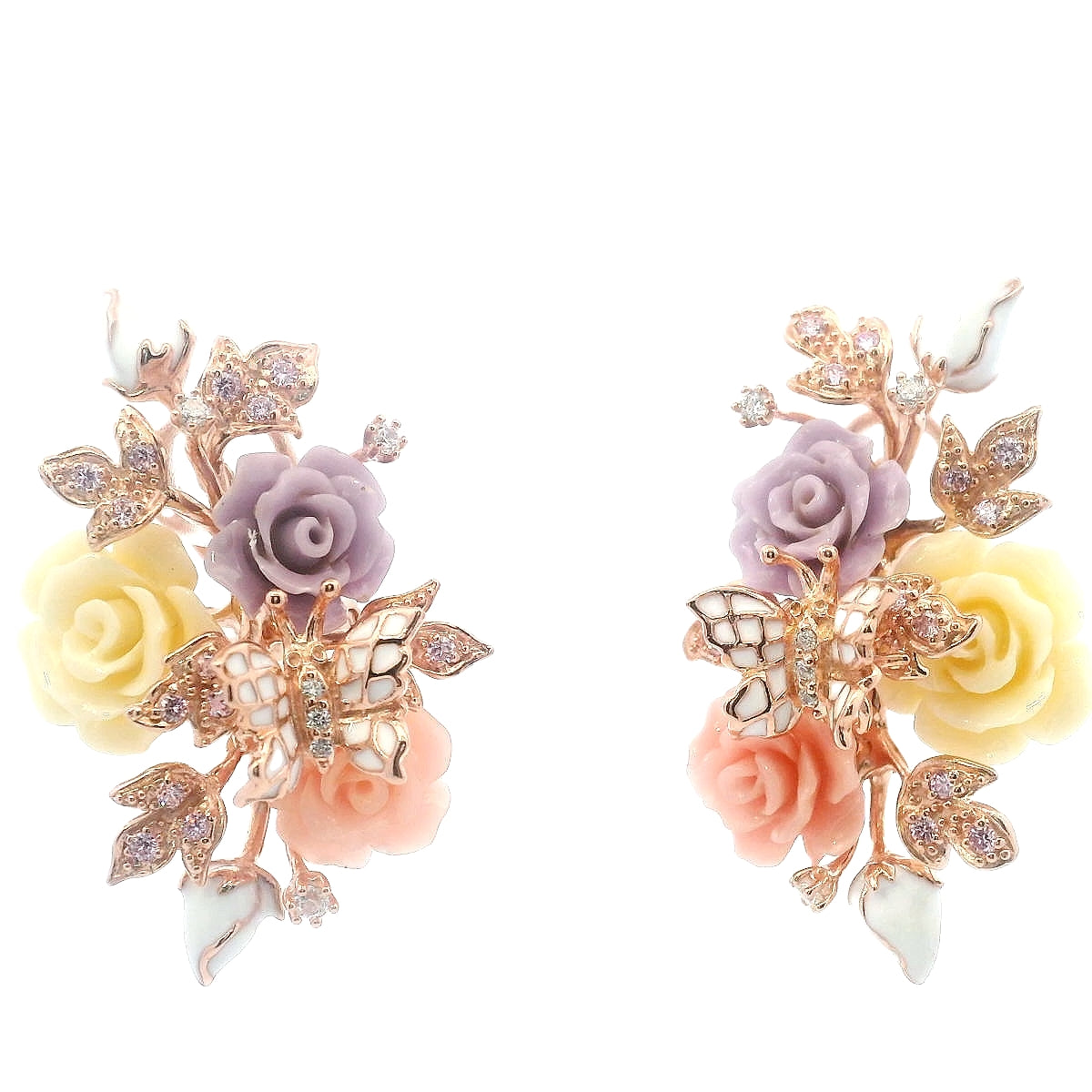 925RG TRIPLE FLOWER AND BUTTERFLY ENAMEL WHITE EARRINGS