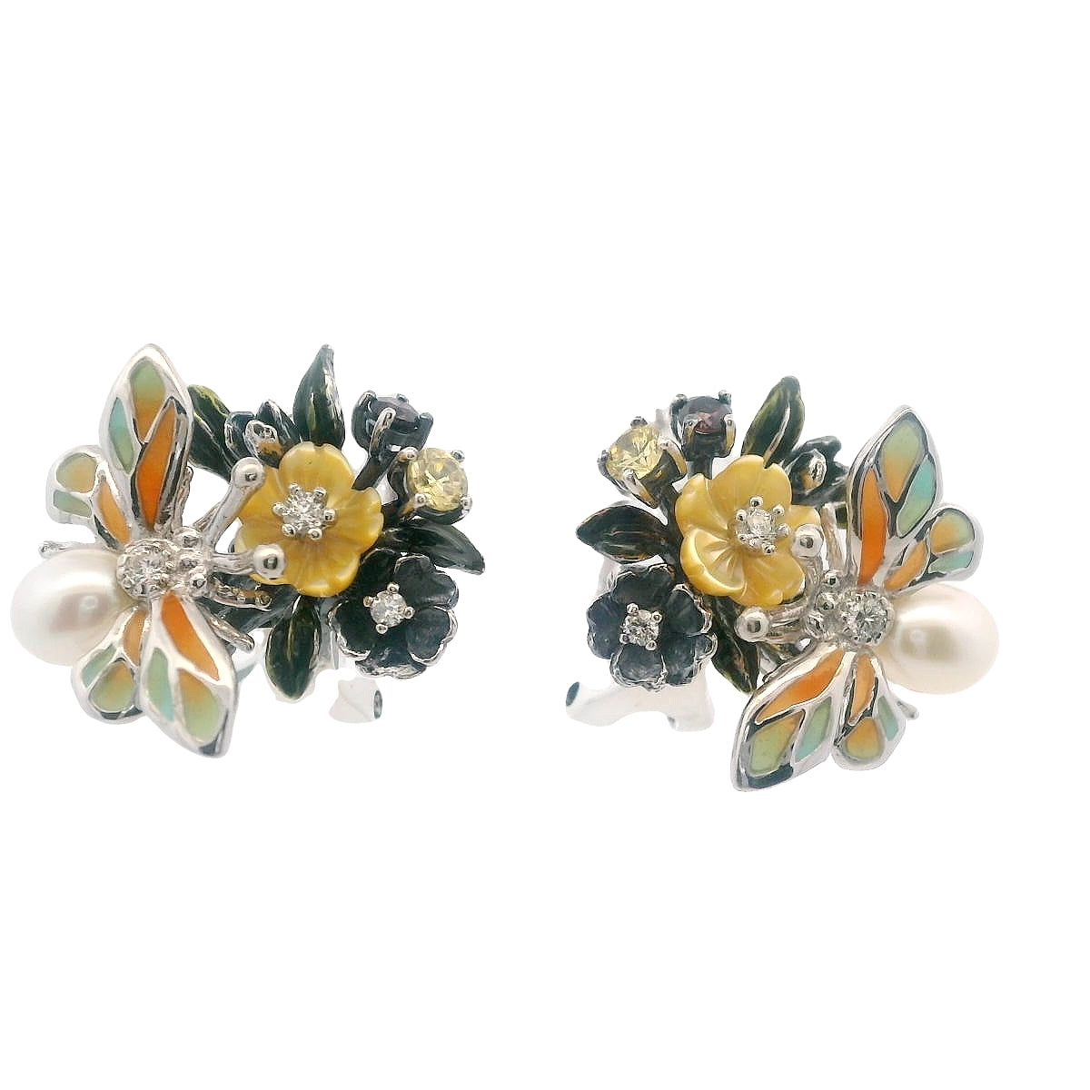 925SL TRIPLE FLOWER AND BEE PEARL EARRINGS