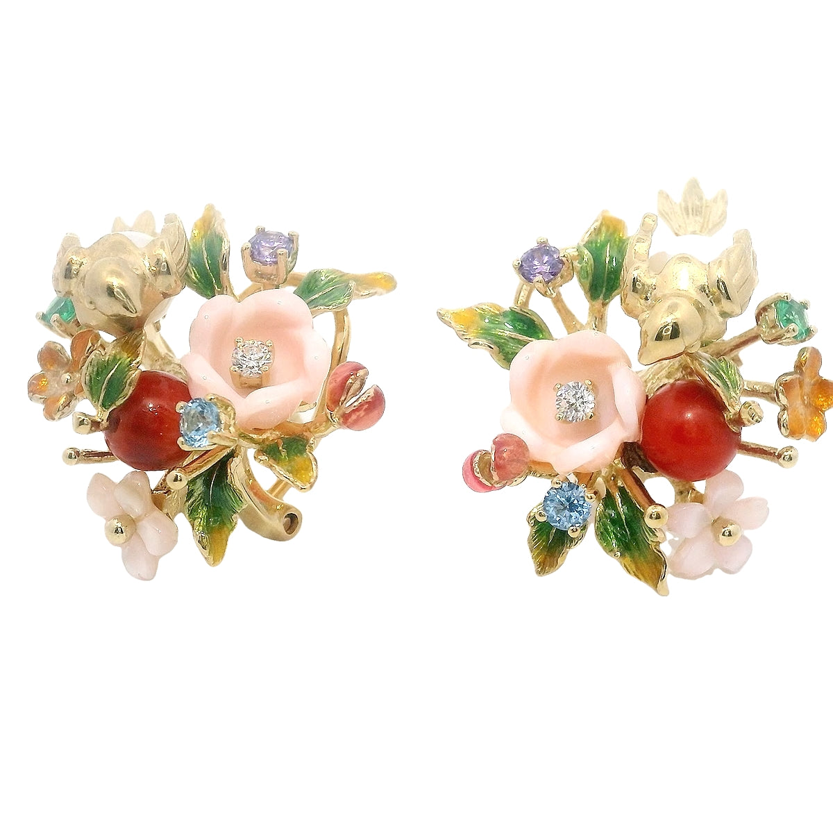 925YG CLUSTER FLOWER WITH BIRD EARRINGS