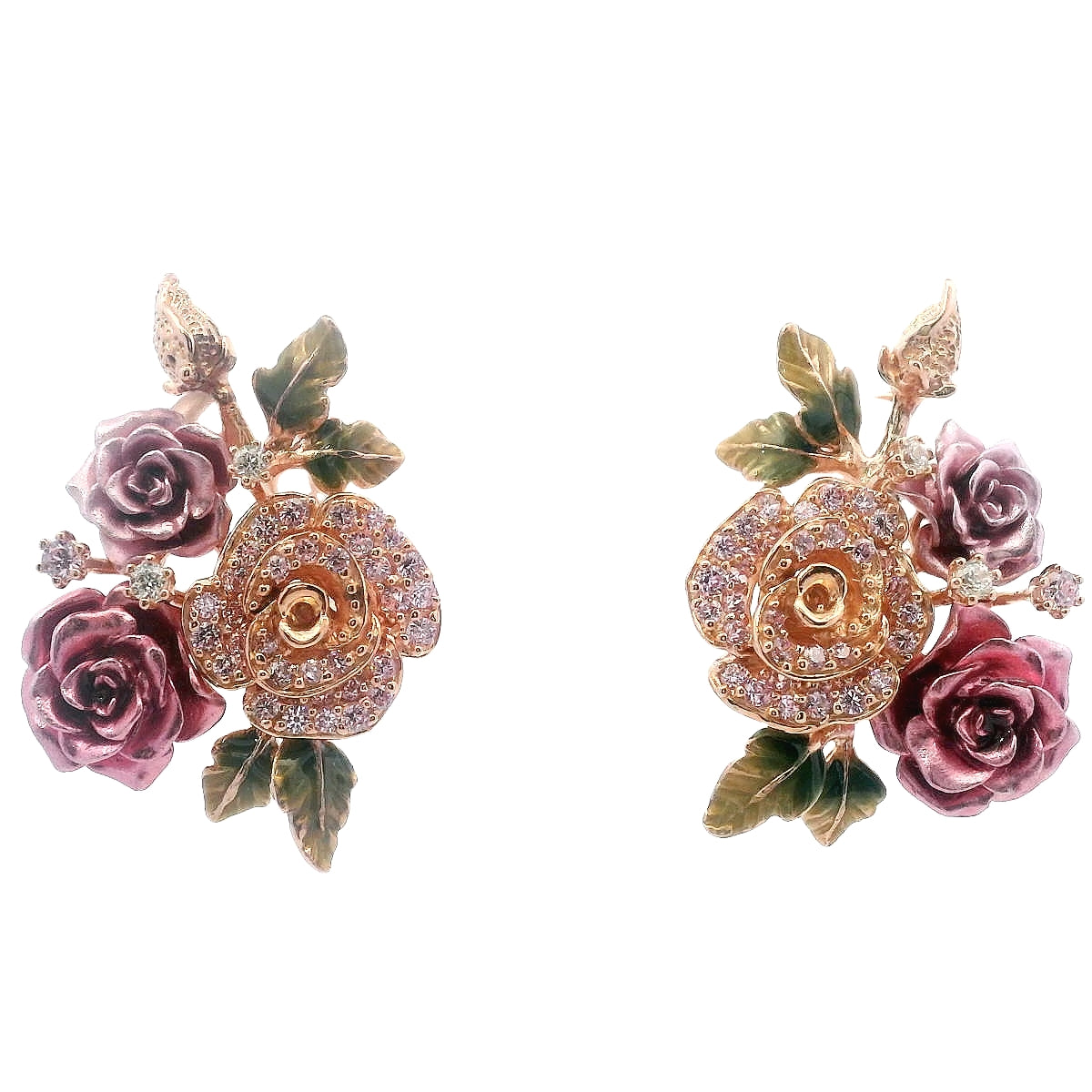 925RG TWO FLOWER PINK WITH FLOWER PAVE CZ PINK EARRINGS