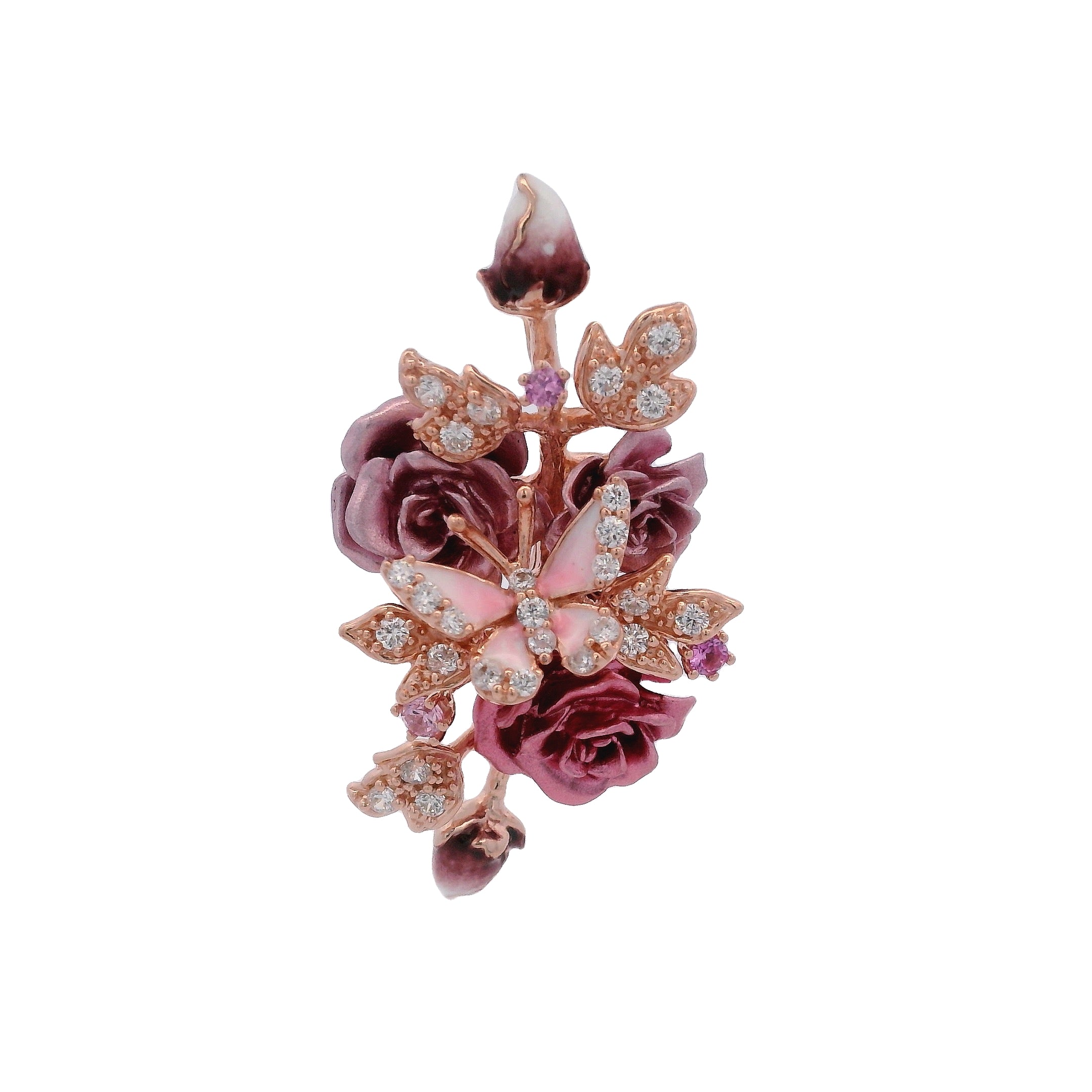 925YG TRIPLE FLOWER PINK AND BUTTERFLY PENDANT