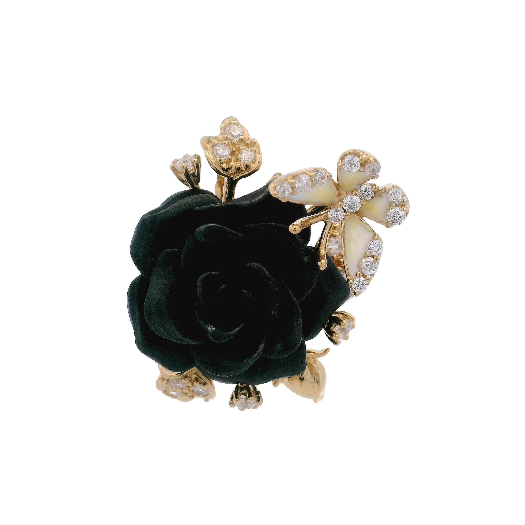 925YG BIG FLOWER ENAMEL BLACK AND BUTTERFLY ENAMEL WHITE PENDANT
