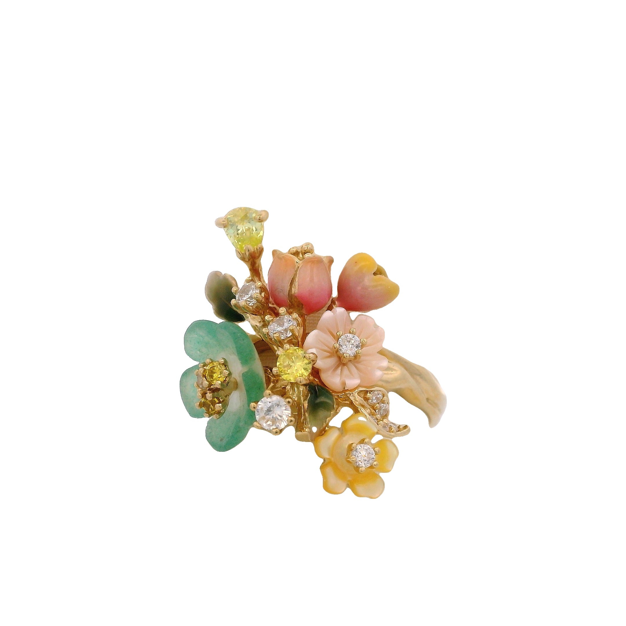 925YG CLUSTER FLOWER GREEN MINI FLOWER MIX STONE RING T7