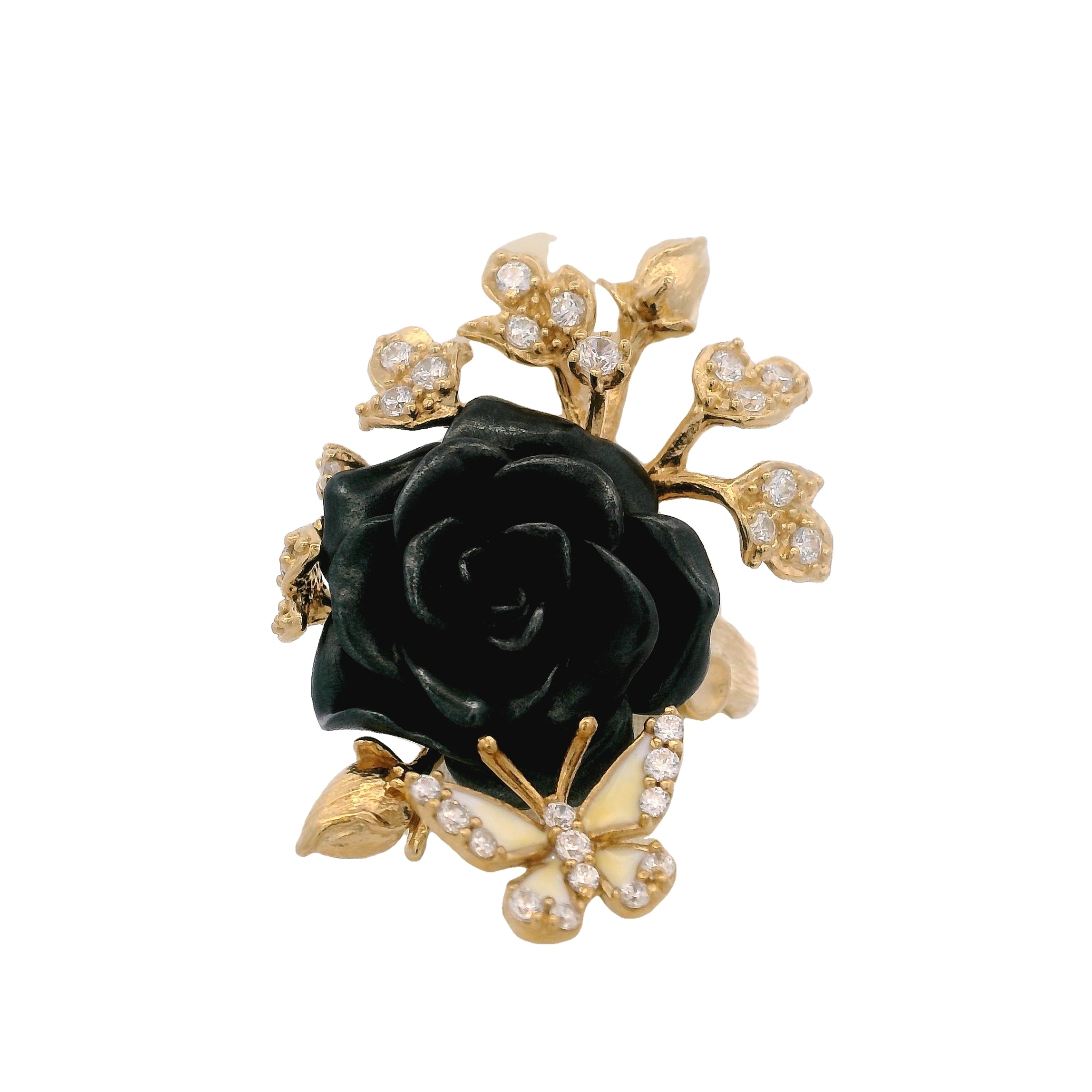 925YG BIG FLOWER ENAMEL BLACK AND BUTTERFLY ENAMEL WHITE RING T6