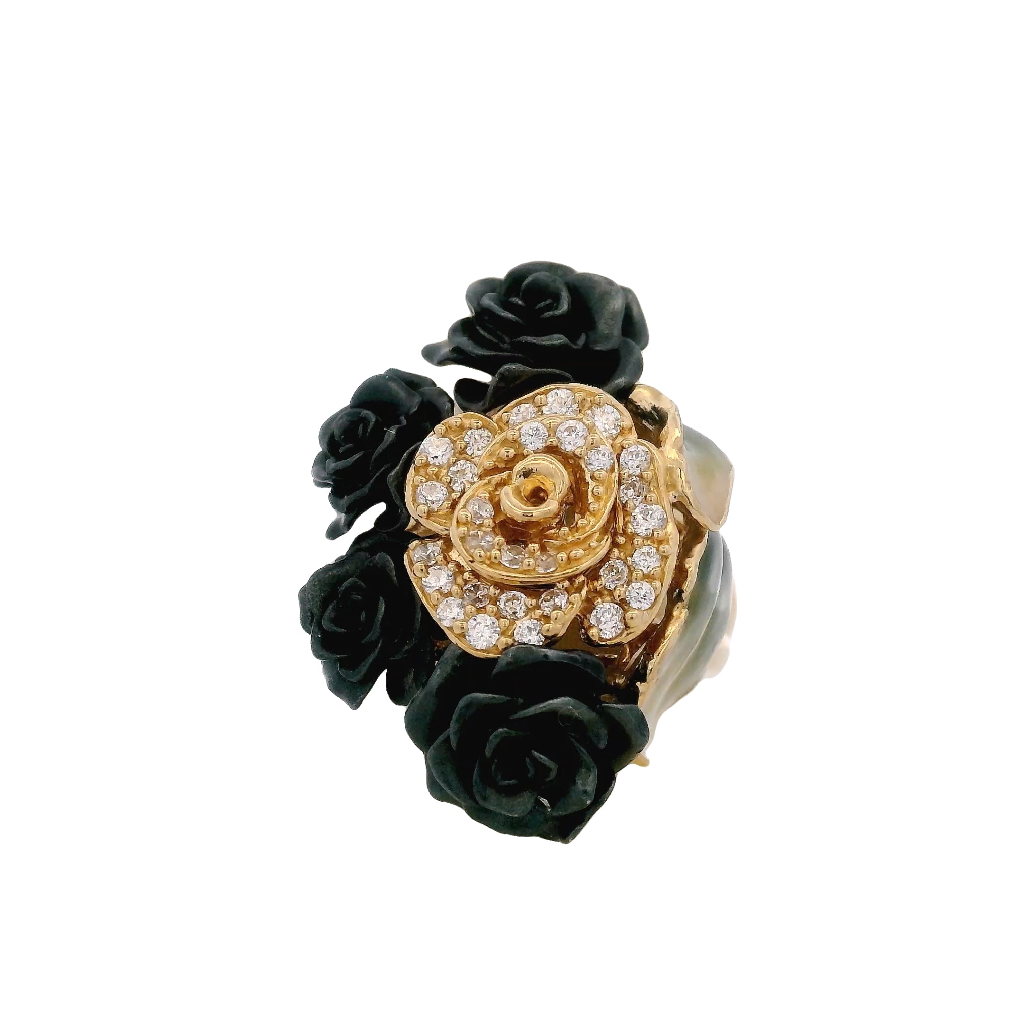 925YG CLUSTER FLOWER BLACK AND CZ RING T7