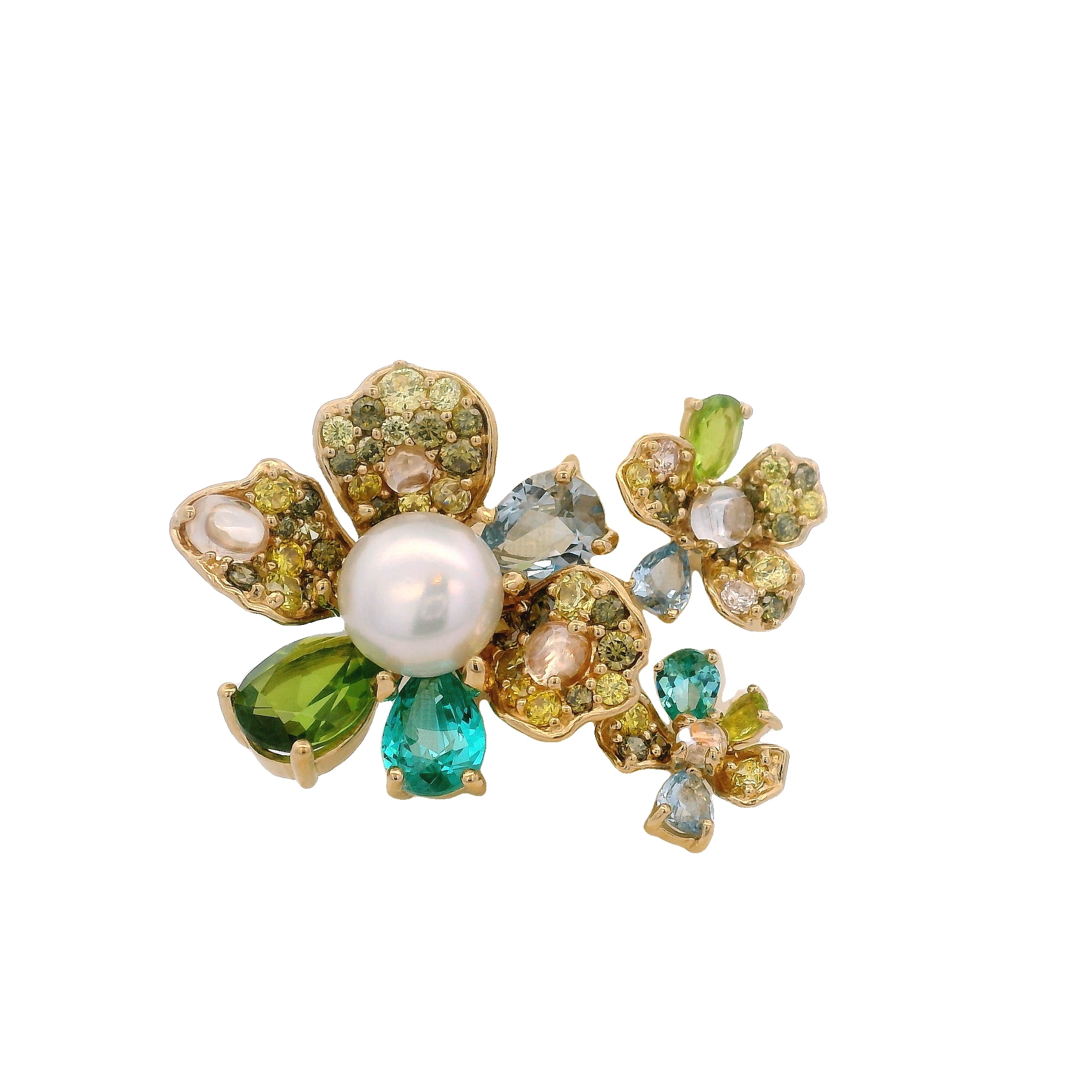925YG TRIPLE FLOWER GREEN AND PEARL OPEN RING T7