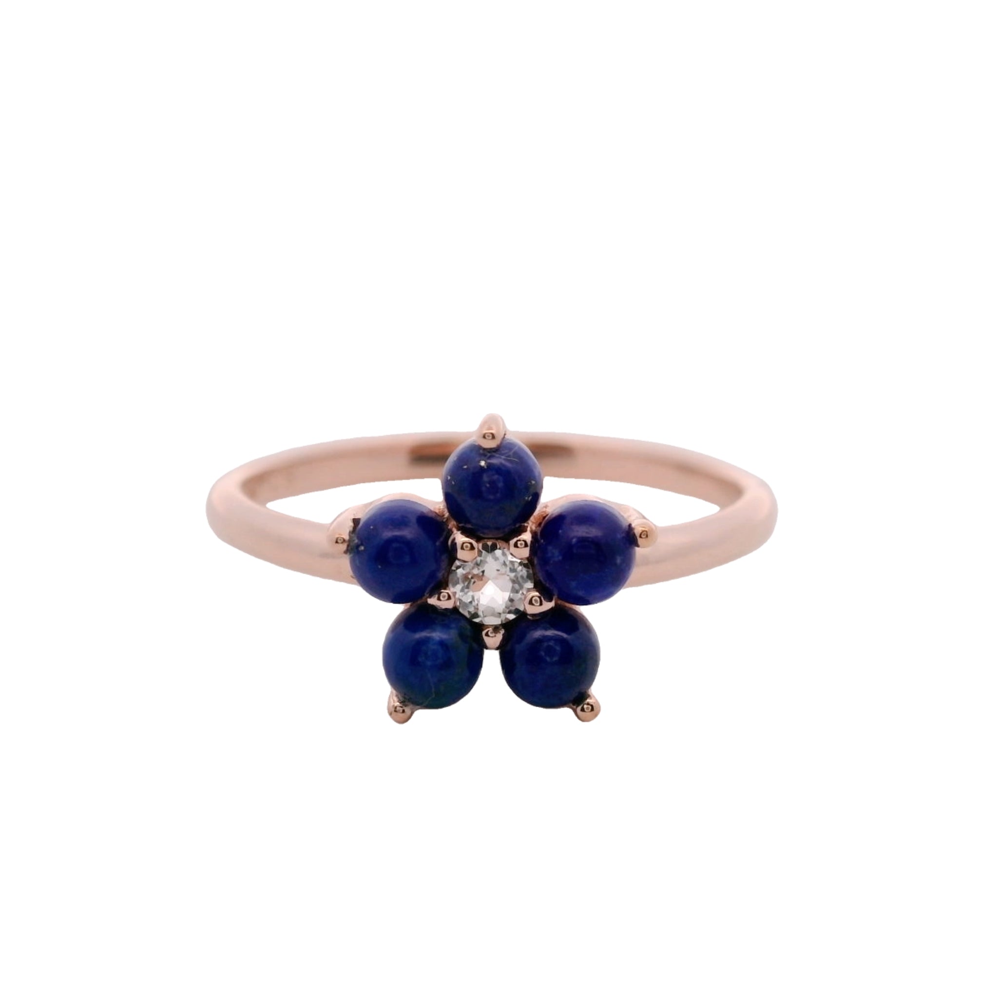 925RG FLOWER 10MM LAPIS LAZULI CENTER TOPAZ WHITE RING T6.5