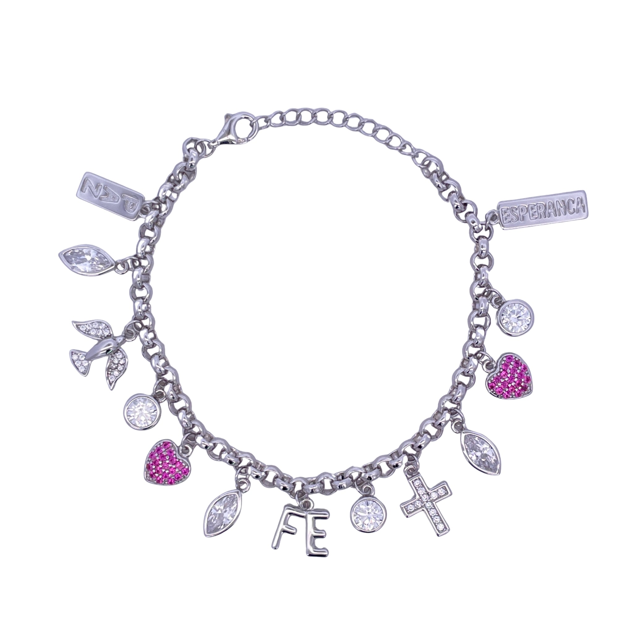 925SL MULTICHARMS RELIGIOUS HEART FUSHIA ESPERANCA BRACELET