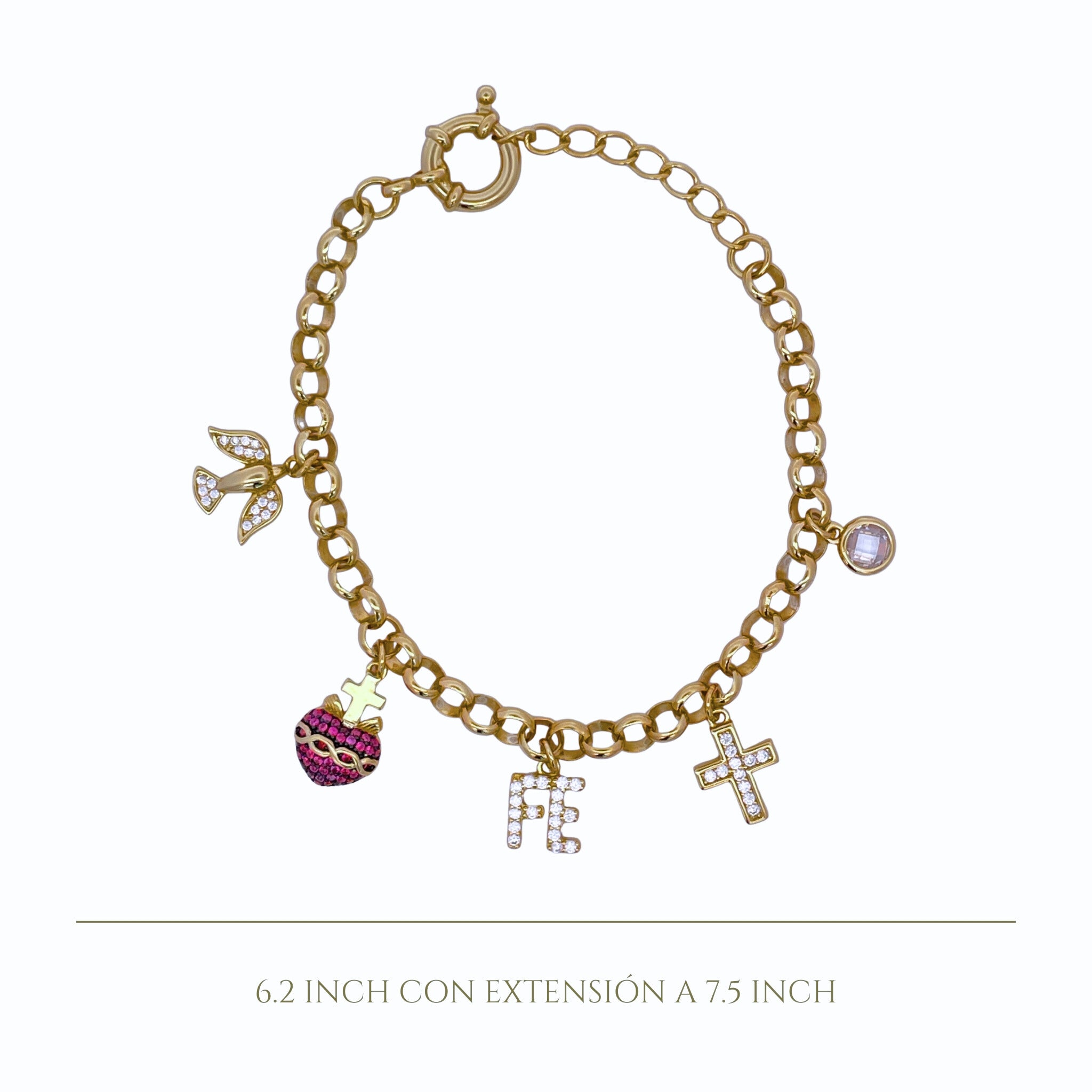 925YG MULTICHARMS RELIGIOUS HEART FUSHIA FE CROSS BRACELET