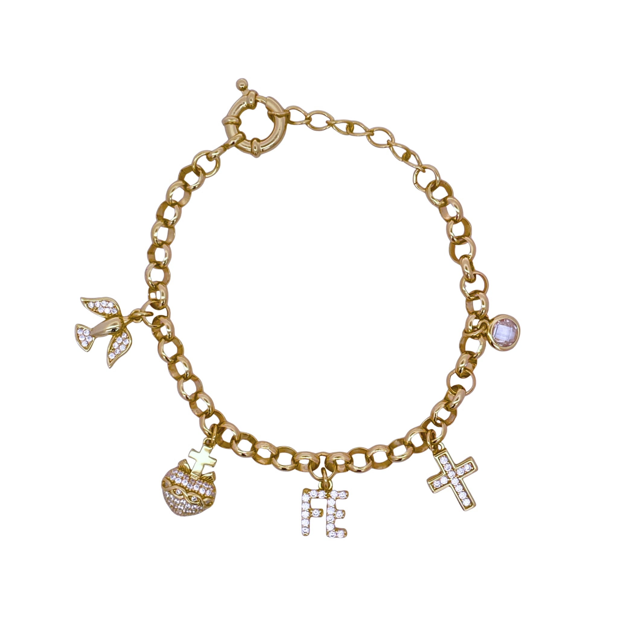 925YG MULTICHARMS RELIGIOUS HEART WHITE FE CROSS BRACELET
