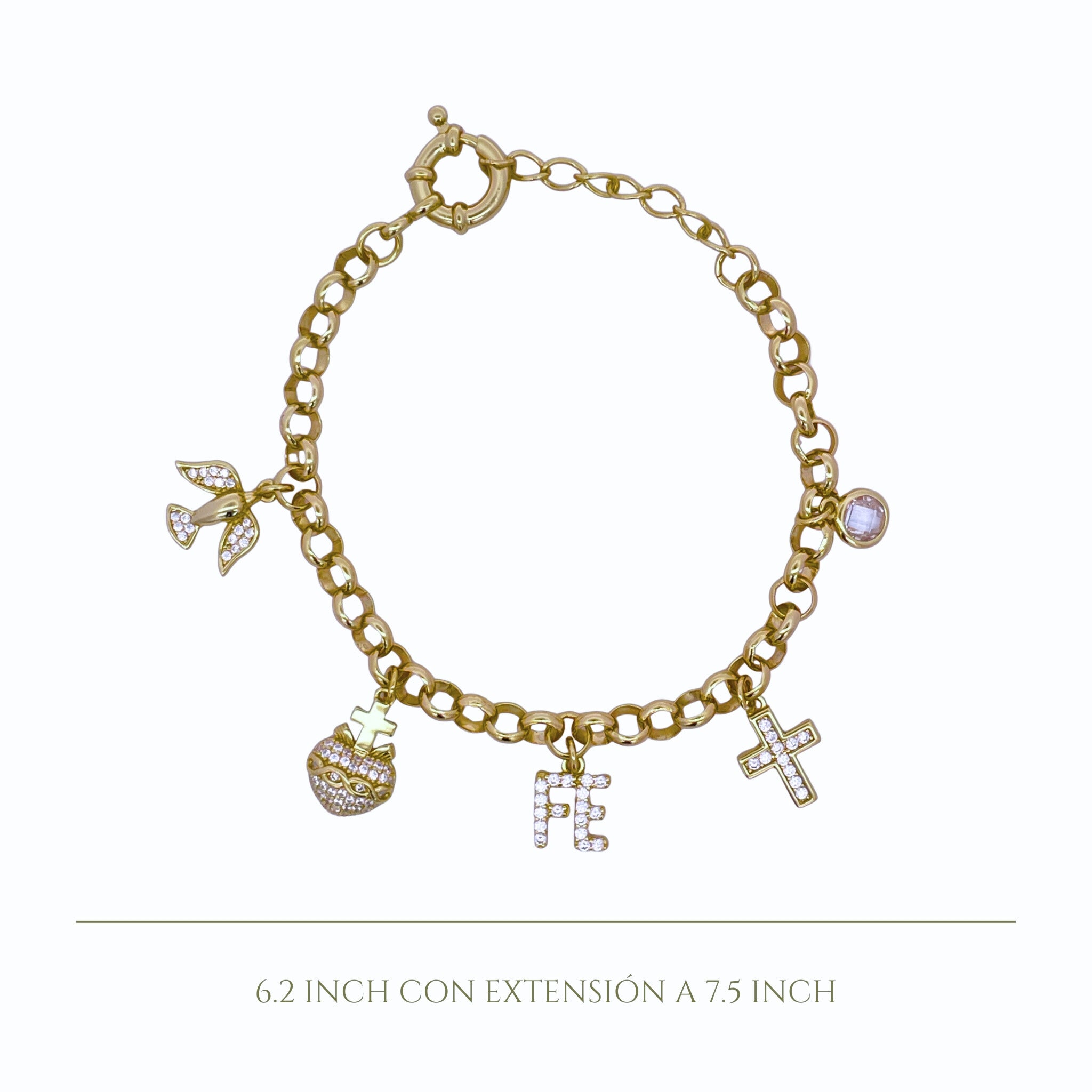 925YG MULTICHARMS RELIGIOUS HEART WHITE FE CROSS BRACELET