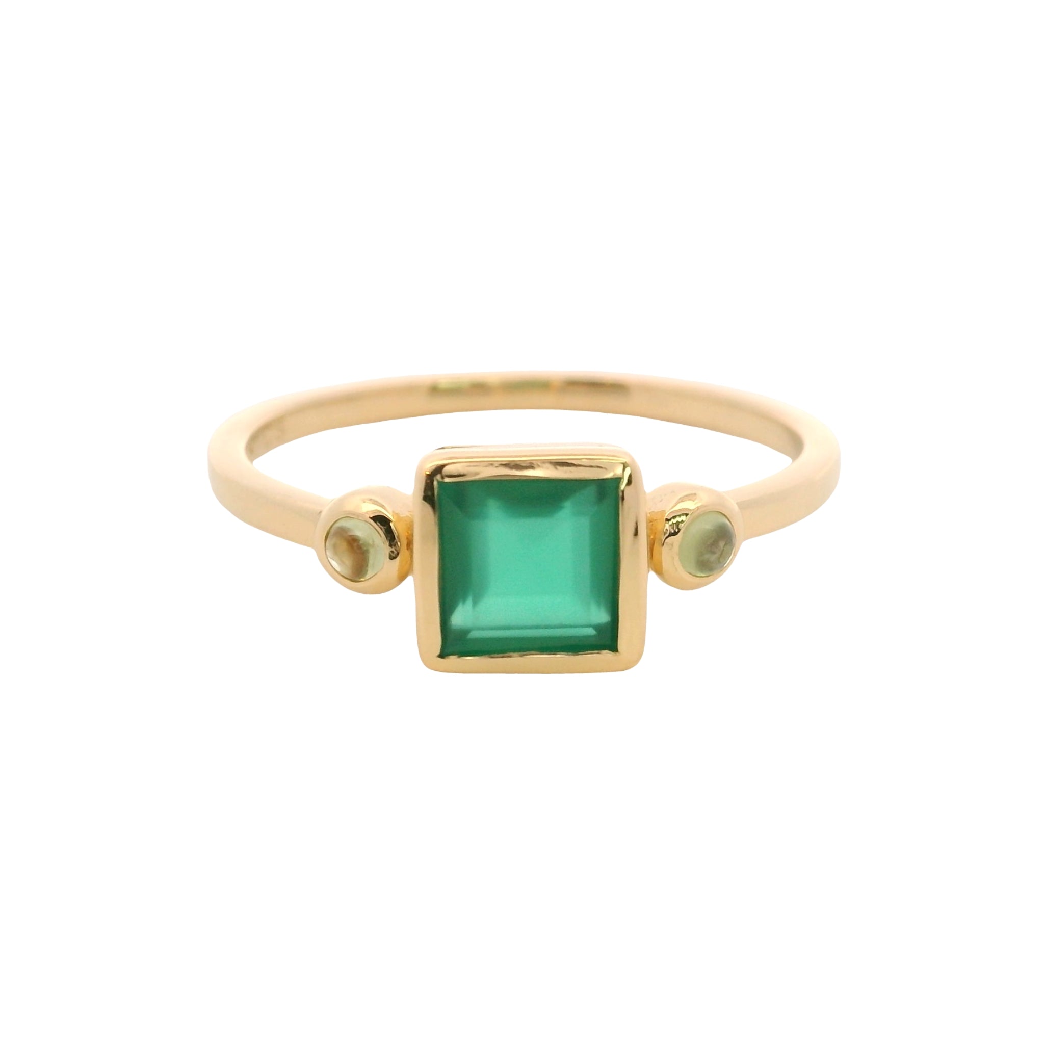 925YG SQUARE BEZEL ONYX GREEN WITH TWO STONE PERIDOT RING T6.5