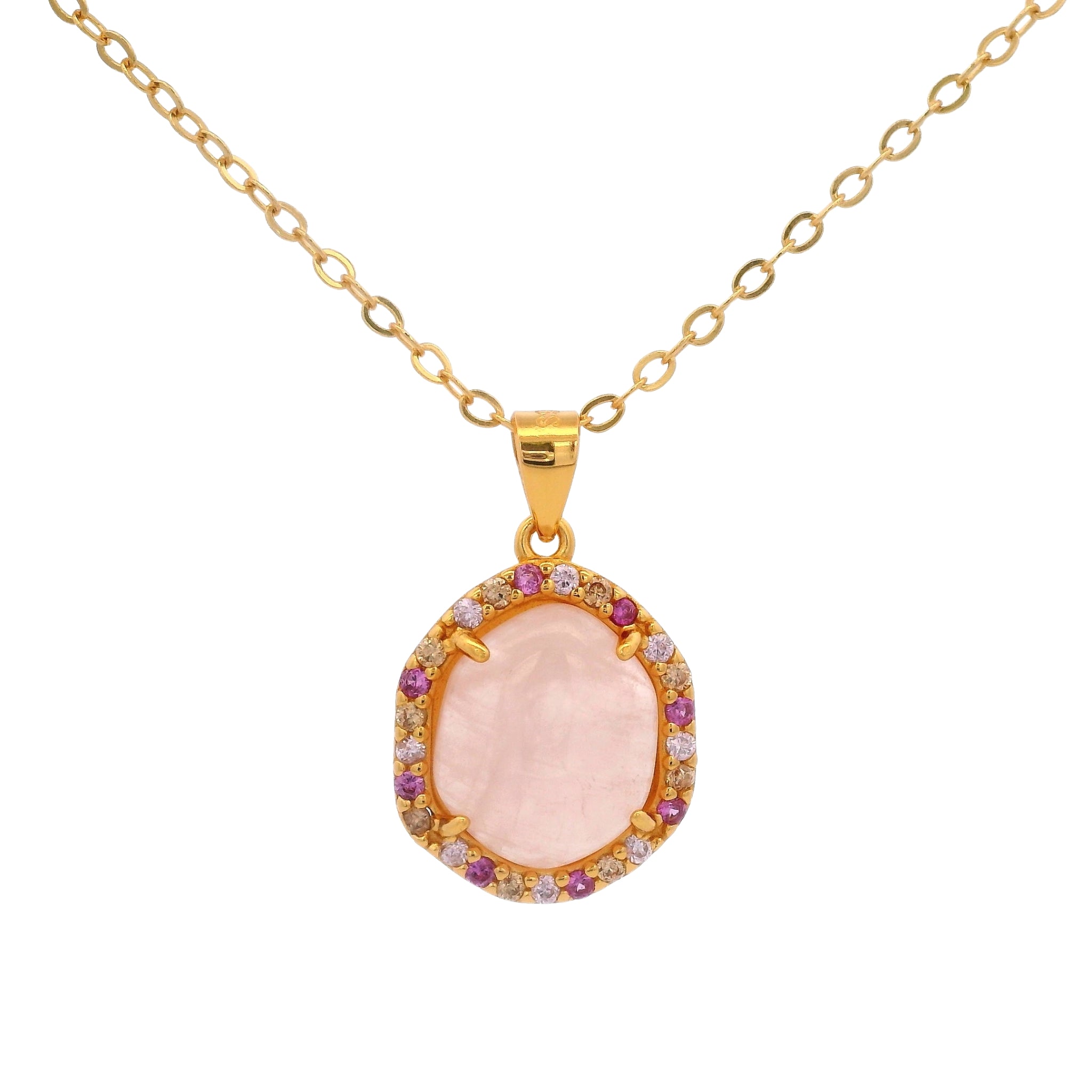 925YG HALO CABUCHON NECKLACE ROSE QUATZ & CZ