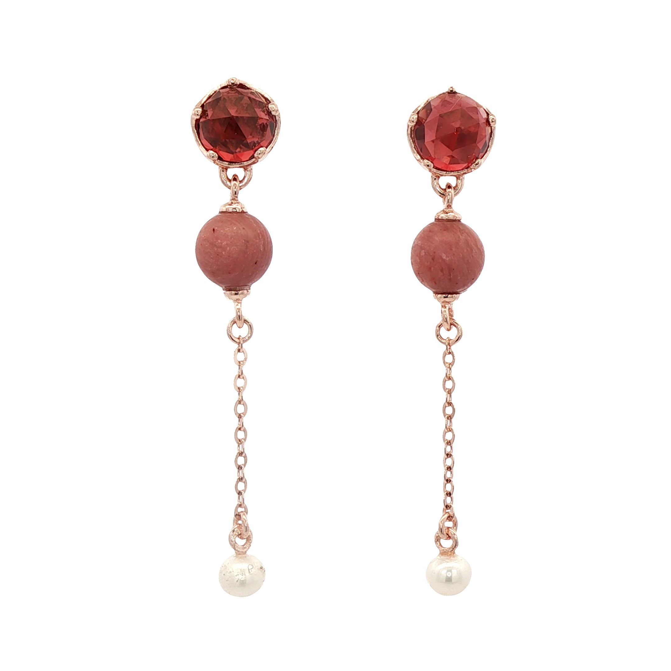 925RG STUD GARNET RHODONITE CHAIN PEARL EARRINGS