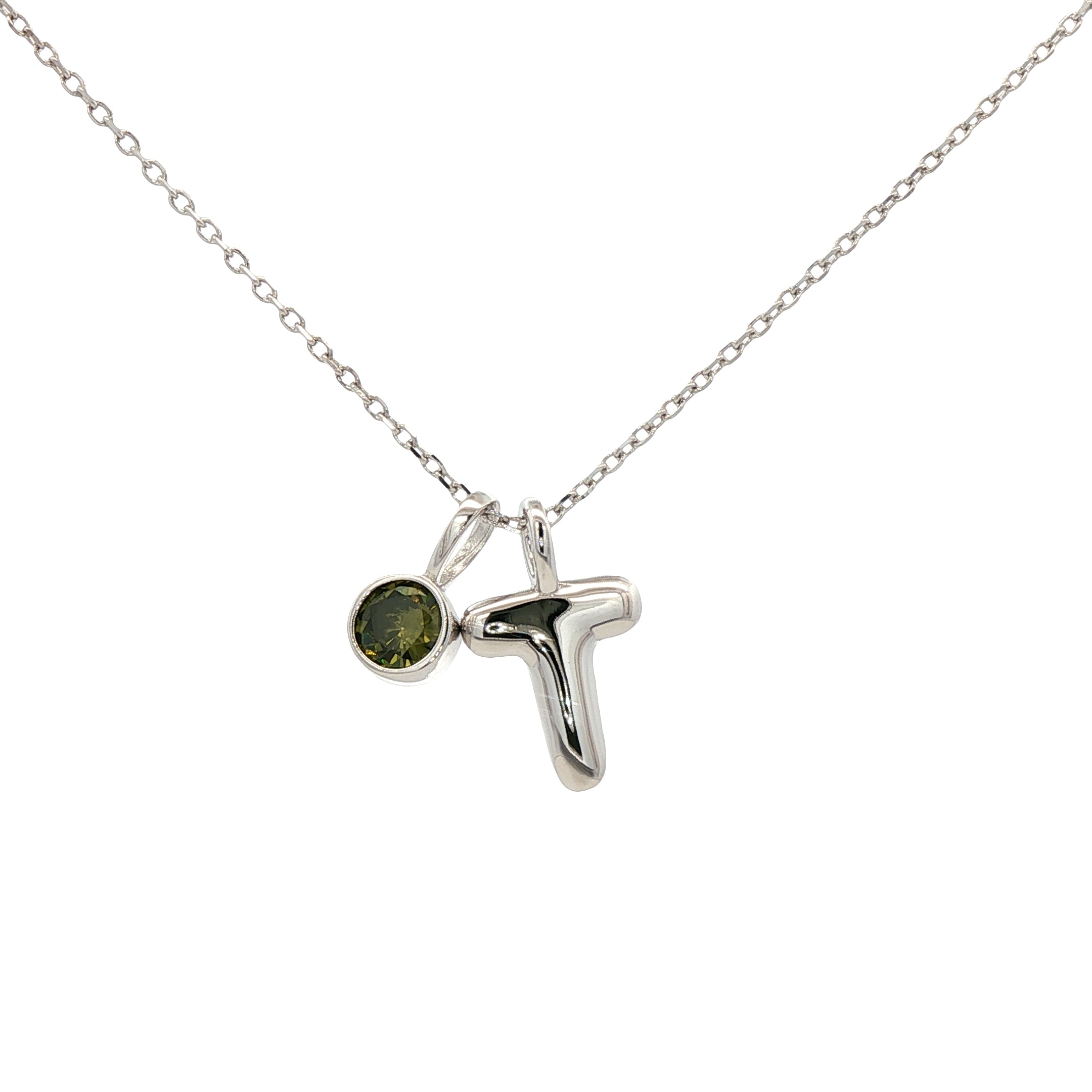 925SL INICIAL T PERIDOT CZ PENDANT NECKLACE