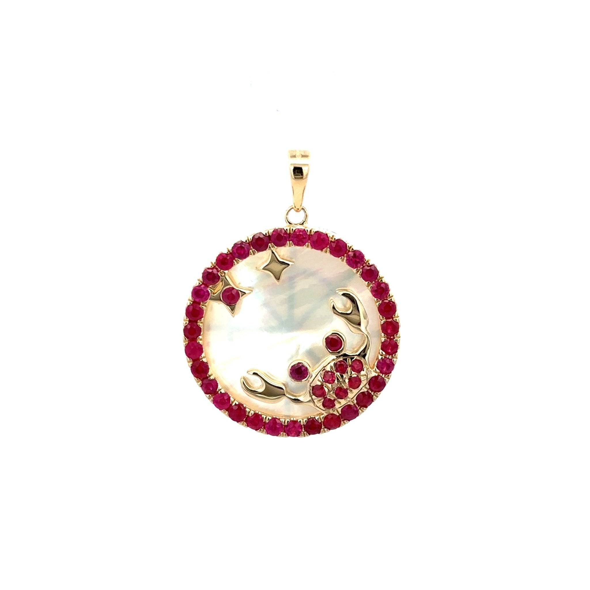 14KY CANCER ZODIAC MOP & RUBY CHARM ST7.61CT - C'SANTOS