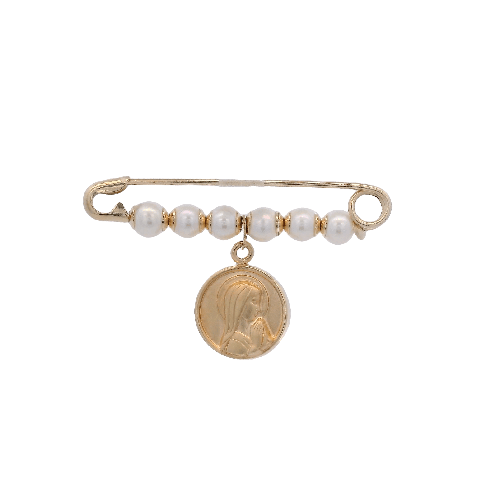 14KY HOOK WITH PEARL AND MEDAL VIRGIN PIN - C'SANTOS