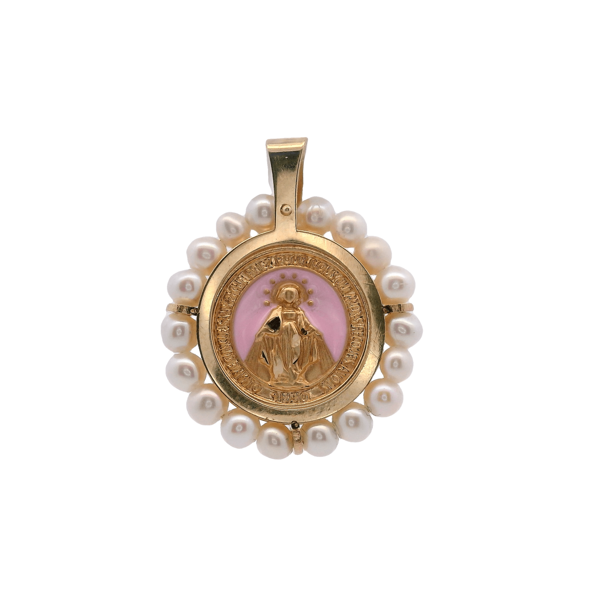 14KY MIRACULOUS VIRGIN ENAMEL PINK WITH PEARL 16.5MM MEDAL - C'SANTOS