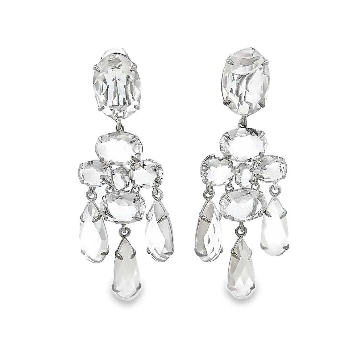 EARRINGS OVAL TOP WITH CLUSTER OF OVALS AND THREE DROPS X ALL CLEAR QUARTZ