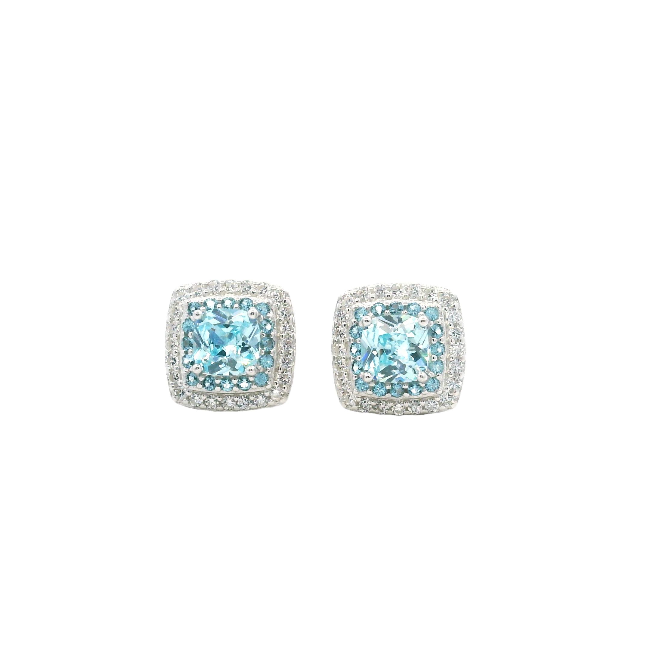 925SS SQUARE HALO CZ SKY BLUE EARRINGS