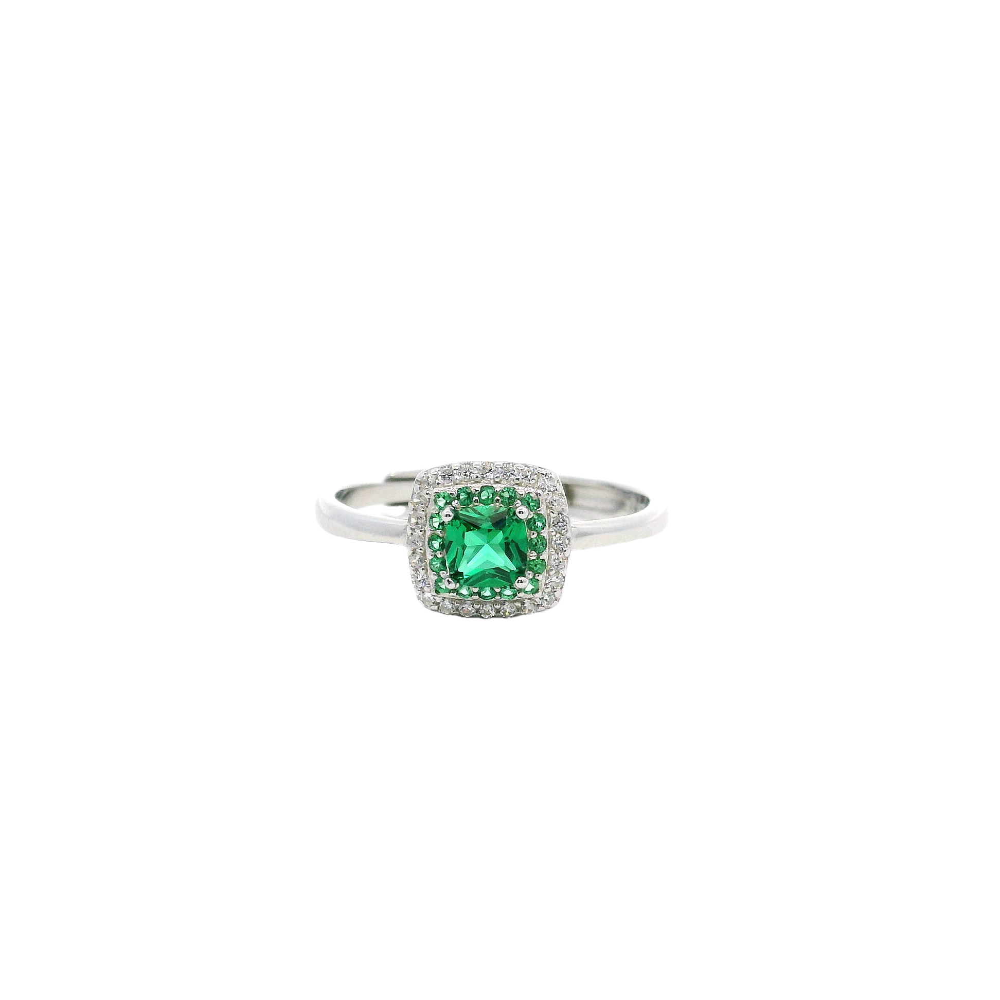 925SS SQUARE HALO CZ GREEN ADJUSTABLE RING