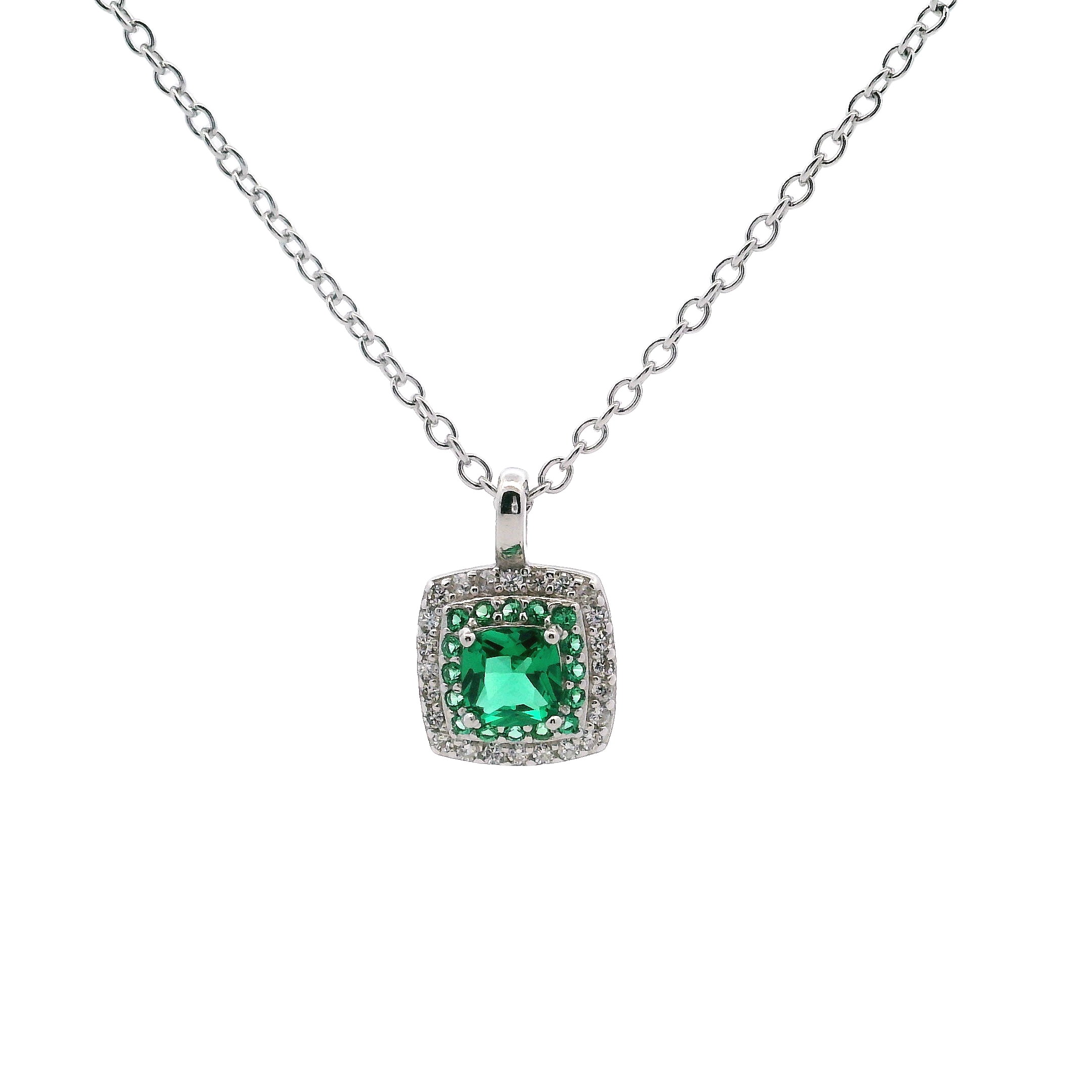 925SS SQUARE HALO CZ GREEN STUD NECKLACE