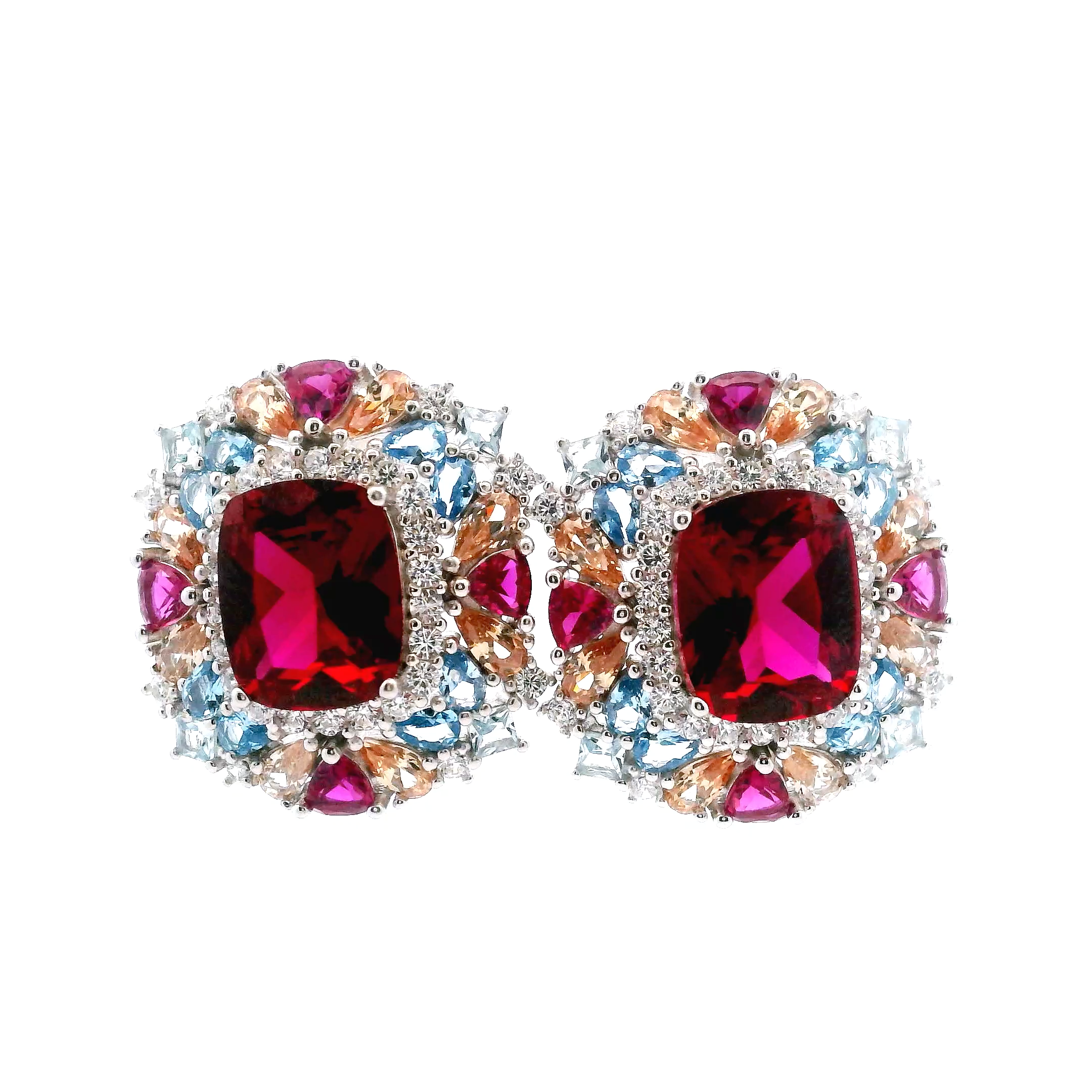 SQUARE RED WITH CLUSTER MULTICOLOR CRYSTALS EARRINGS IN 925 SILVER
