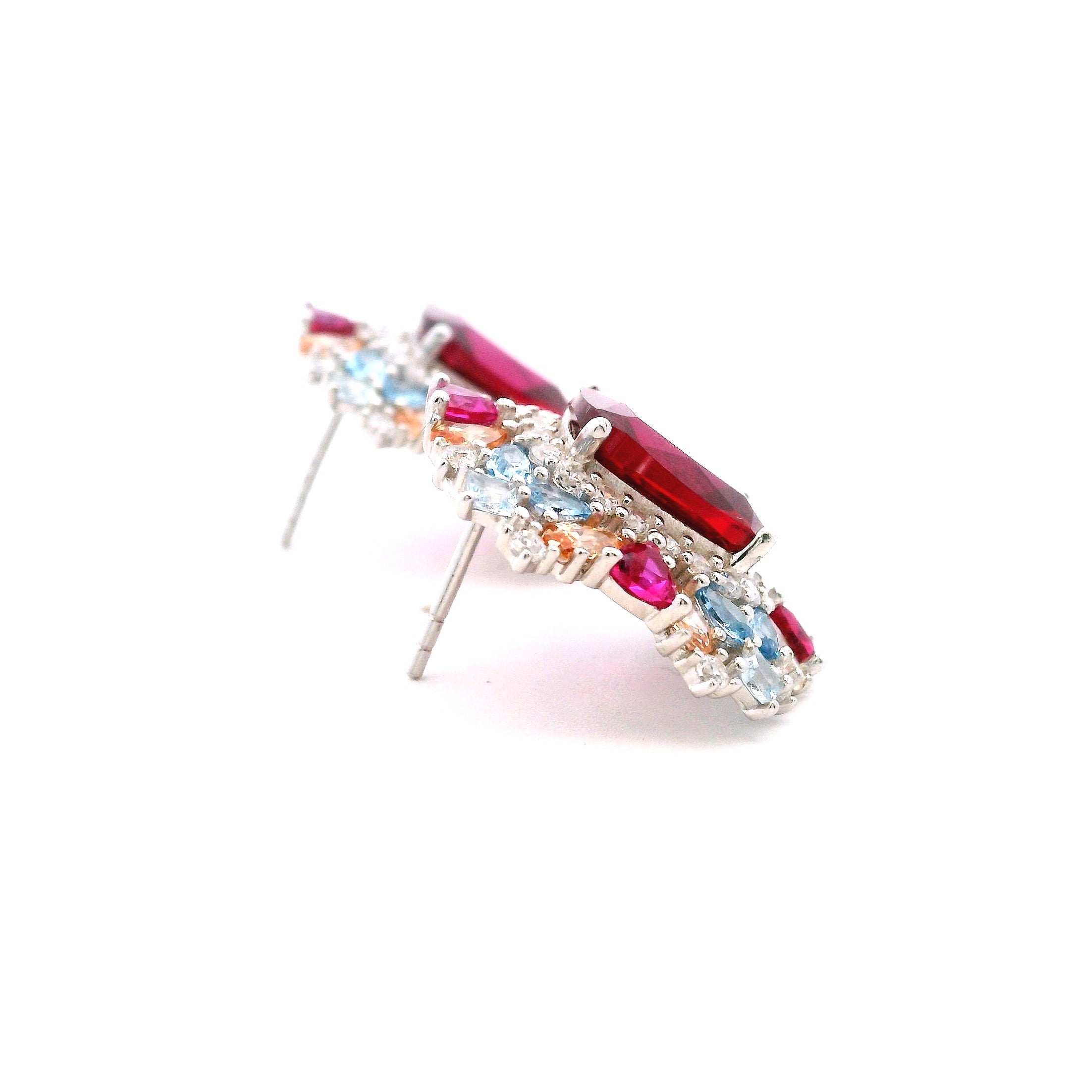SQUARE RED WITH CLUSTER MULTICOLOR CRYSTALS EARRINGS IN 925 SILVER