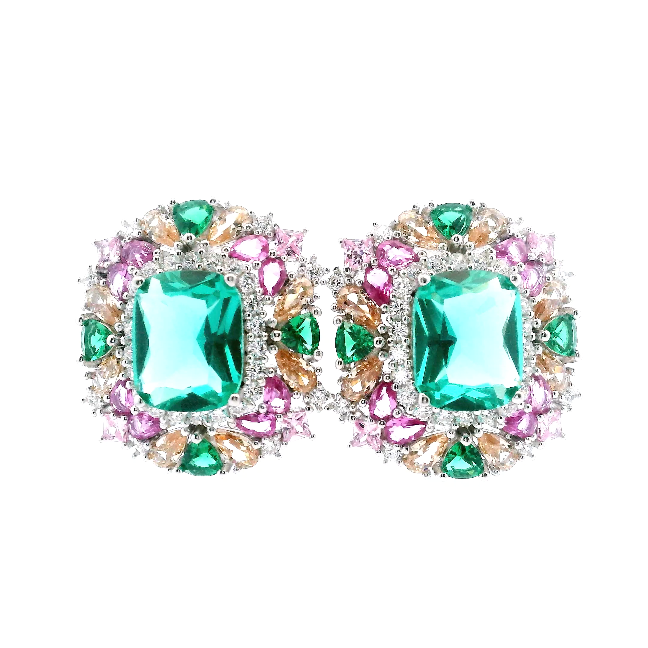 925SS SQUARE GREEN WITH CLUSTER MULTICOLOR CZ EARRINGS