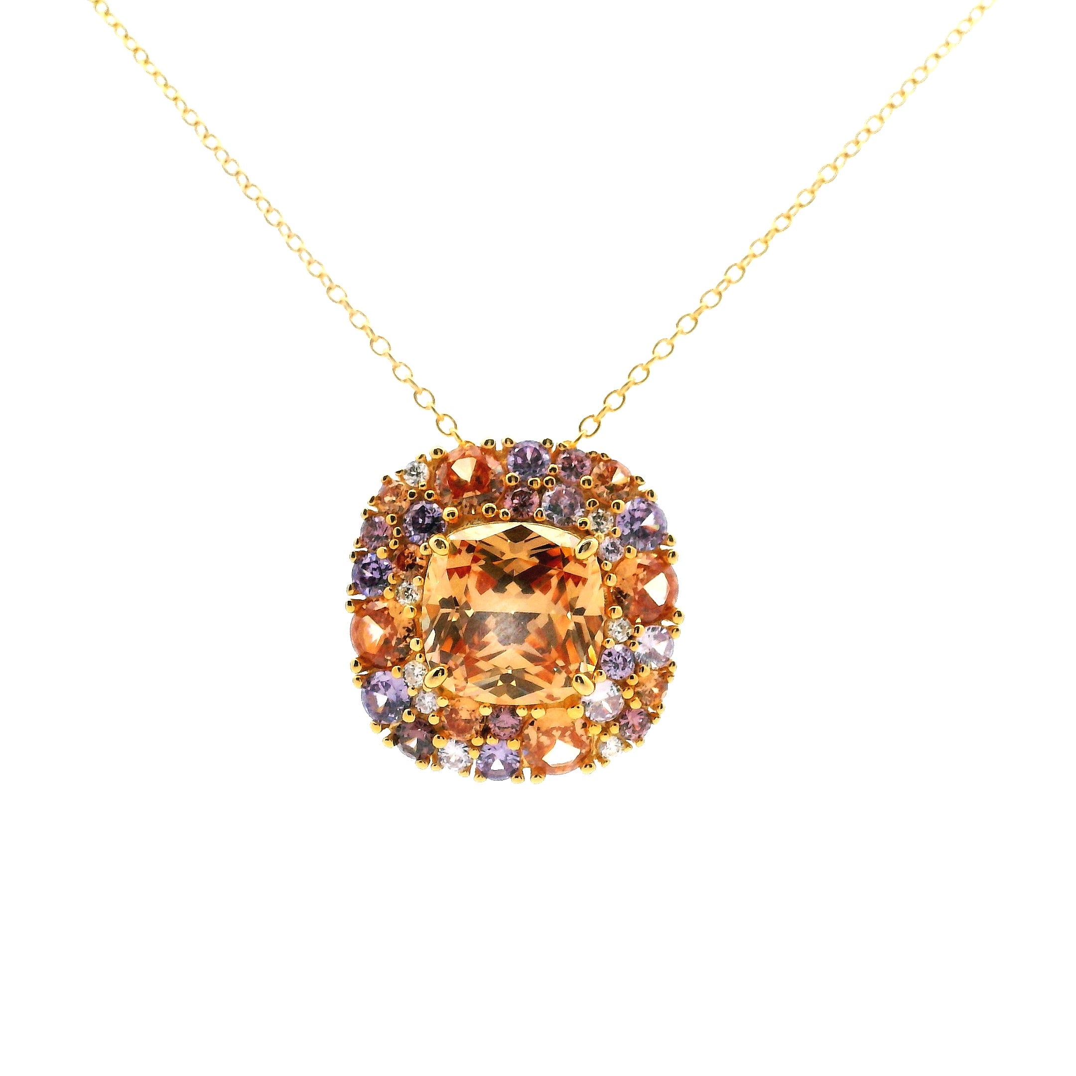 SQUARE CHAMPAGNE WITH CLUSTER MULTICOLOR CRYSTALS NECKLACE IN 925 GOLD PLATED