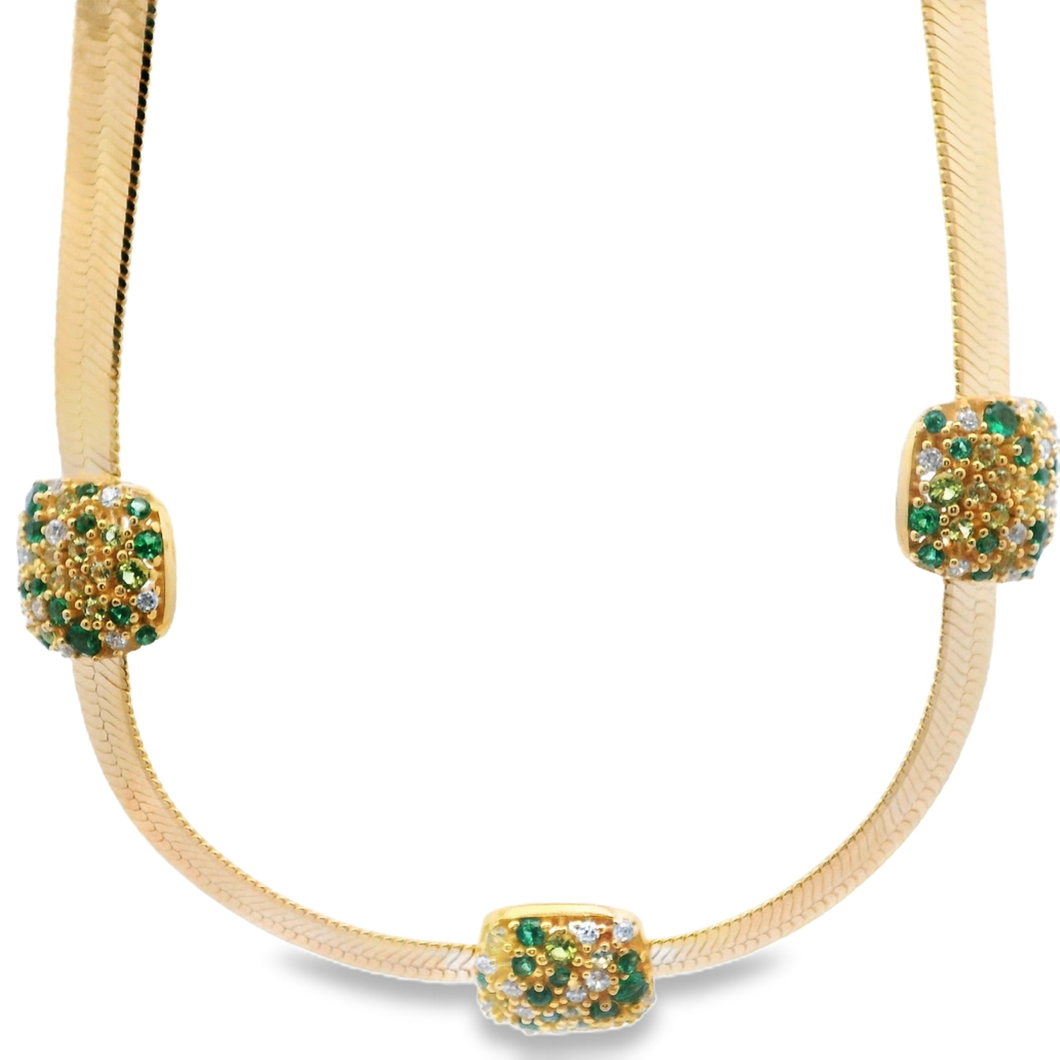 TRIPLE BAR CLUSTER GREEN CRYSTALS NECKLACE IN 925 GOLD PLATED