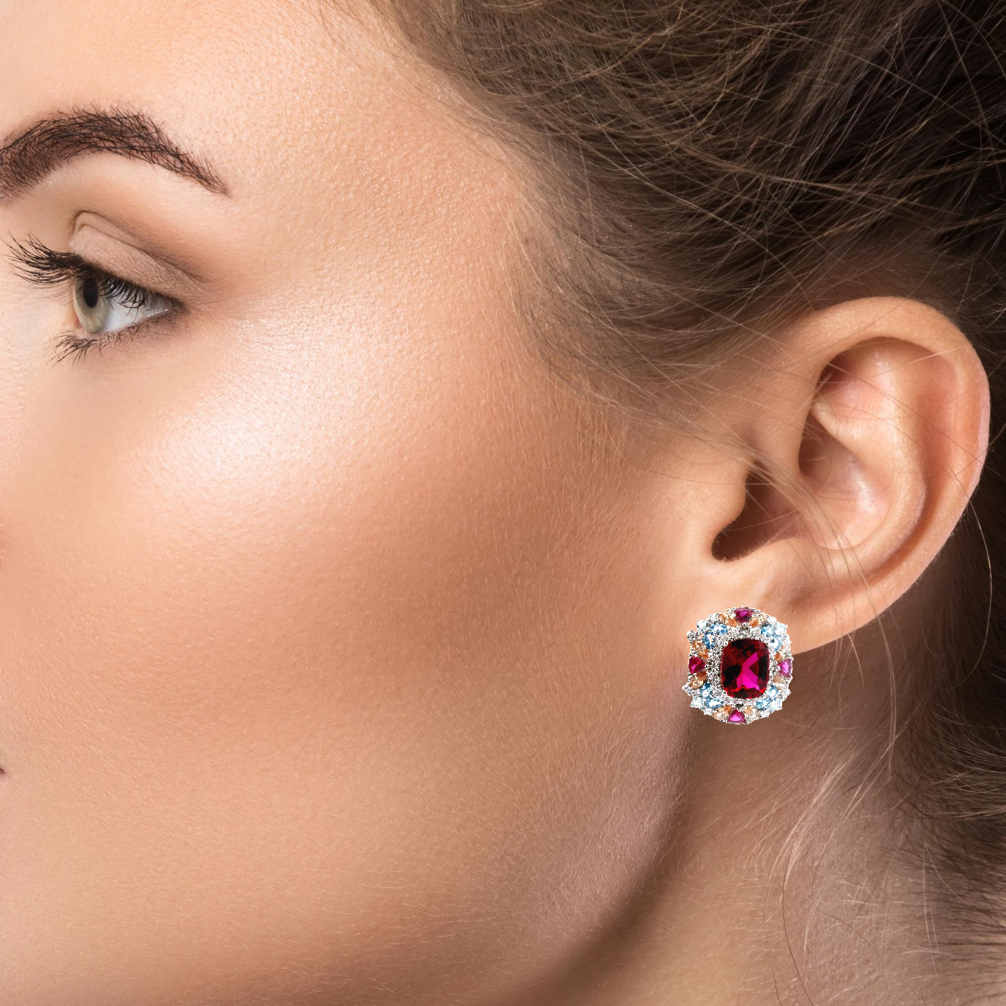 SQUARE RED WITH CLUSTER MULTICOLOR CRYSTALS EARRINGS IN 925 SILVER