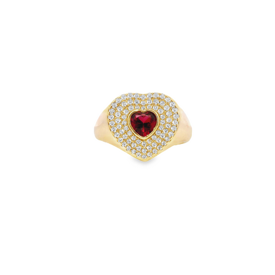 925GD HEART PAVE WITH HEART PINKISH RED CZ ADJUSTABLE RING