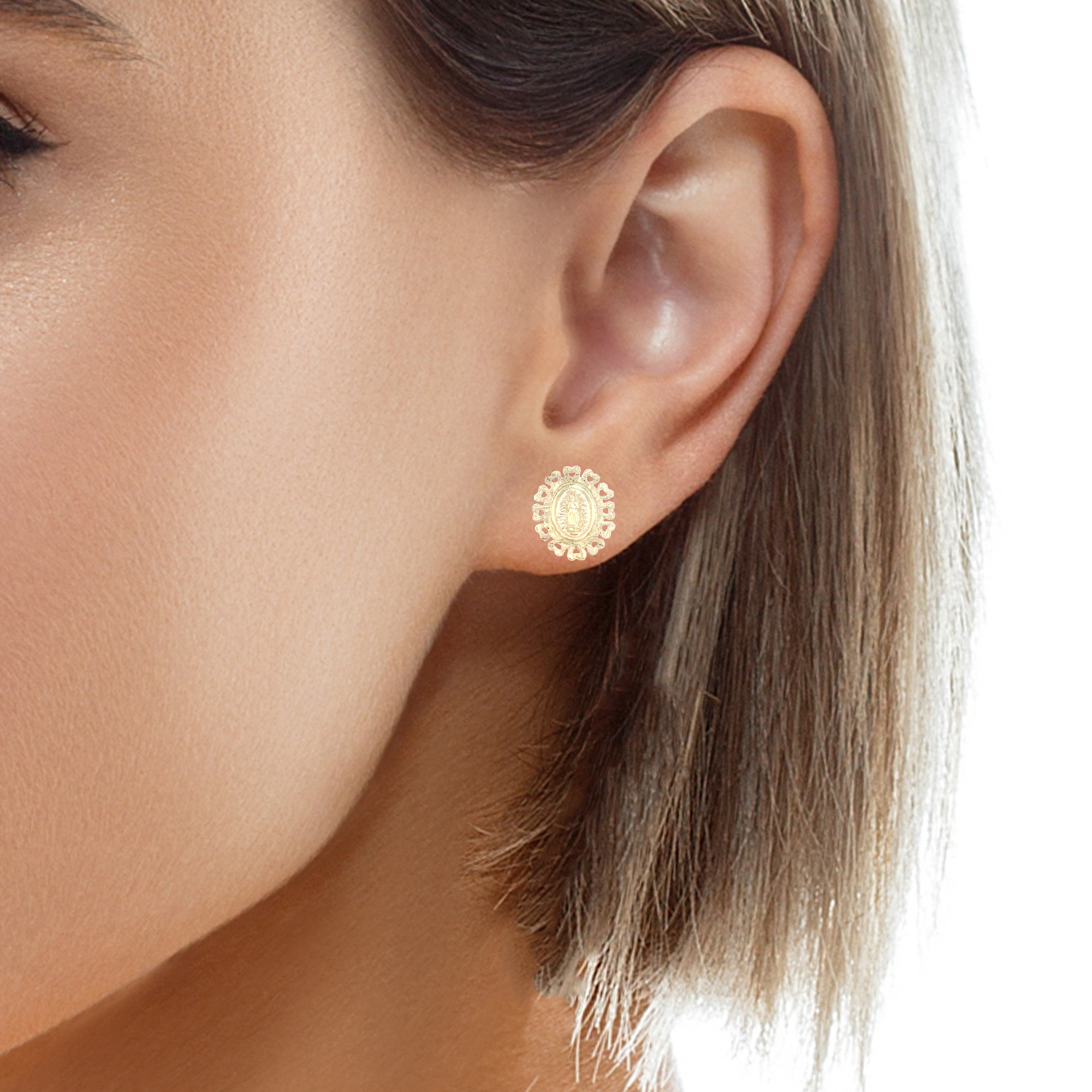 EARRINGS VIRGIN WITH HEARTS IN 14KT YELLOW GOLD
