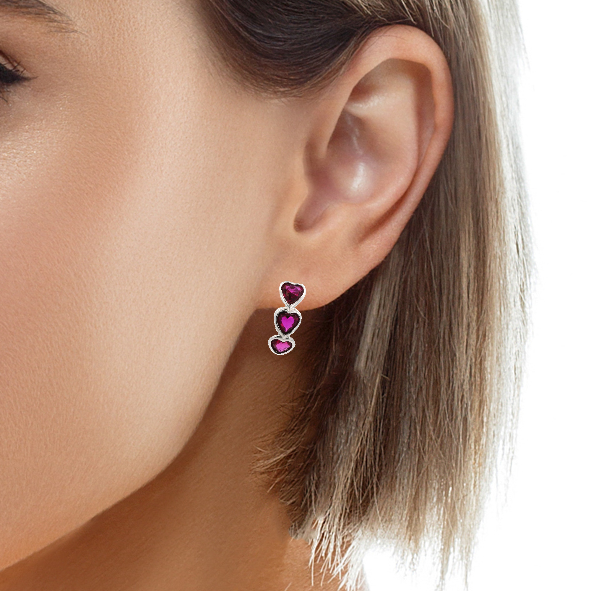 925SS TRIPLE HEART PINKISH RED CZ HOOPS