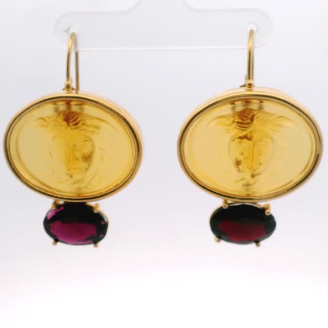 925GG OVAL MEDUSA VENETIAN GLASS YELLOW AND GARNET EARRINGS