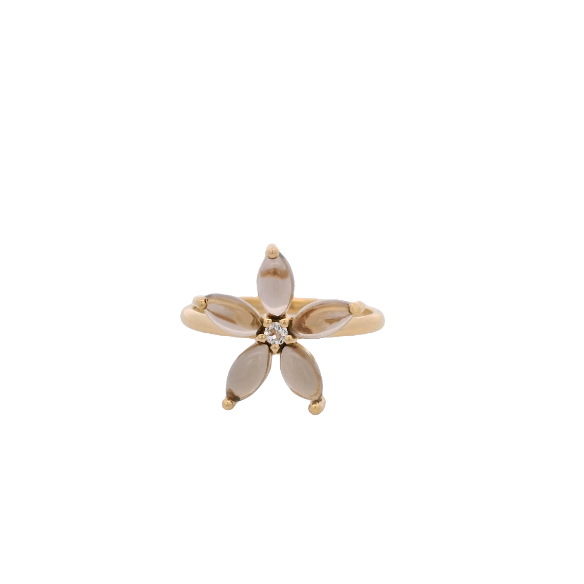 925YG FLOWER 15MM SMOKY QUARTZ CENTER TOPAZ WHITE RING T6.5