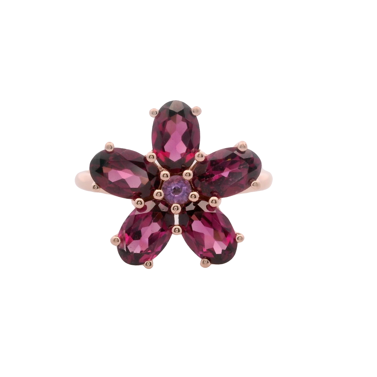 925RG FLOWER 14MM GARNET CENTER AMETHYST RING T6.5