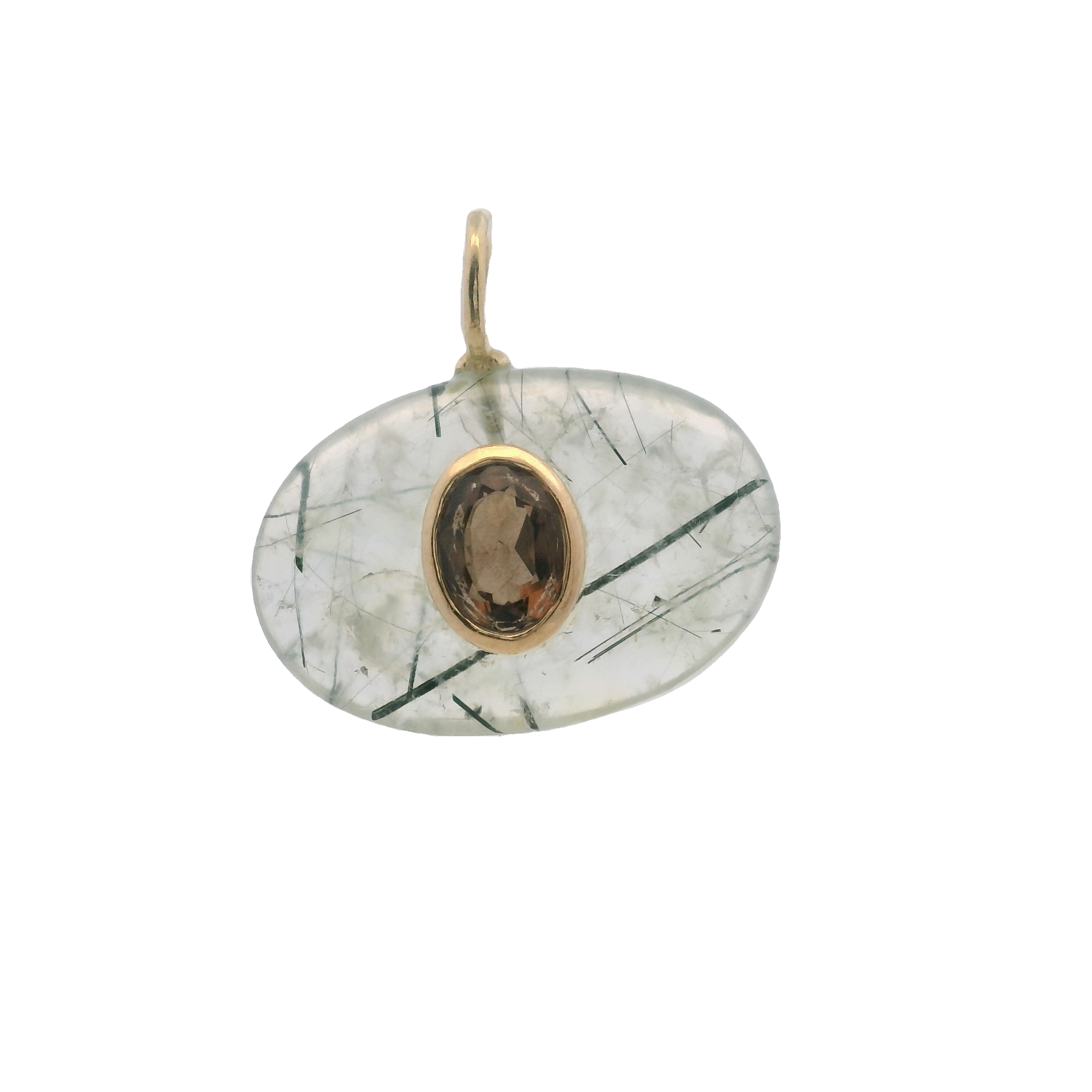 925YG OVAL RUTILATED QUARTZ CENTER SMOKY QUARTZ CHARM