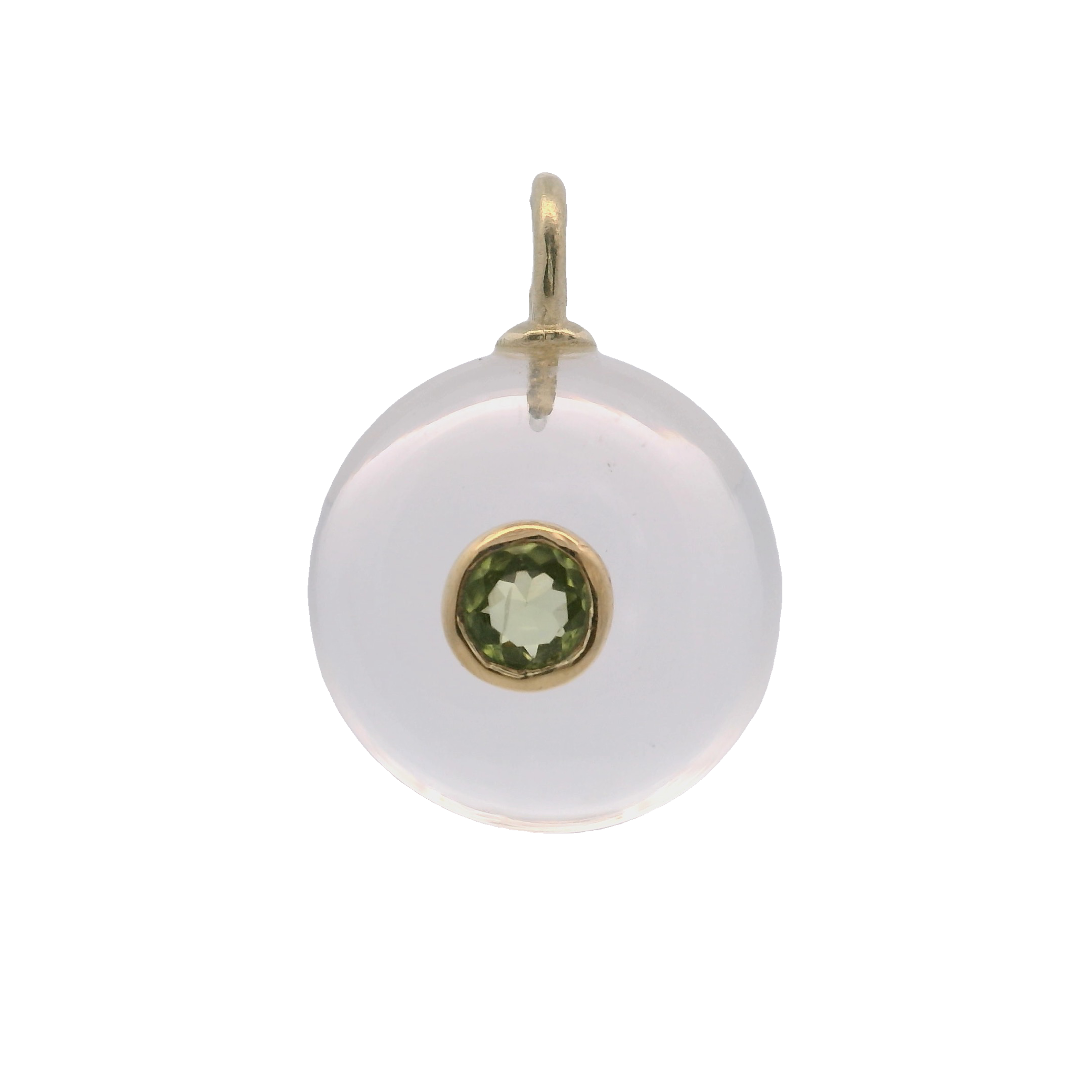 925YG ROUND CUT ROCK CRYSTAL CENTER PERIDOT CHARM