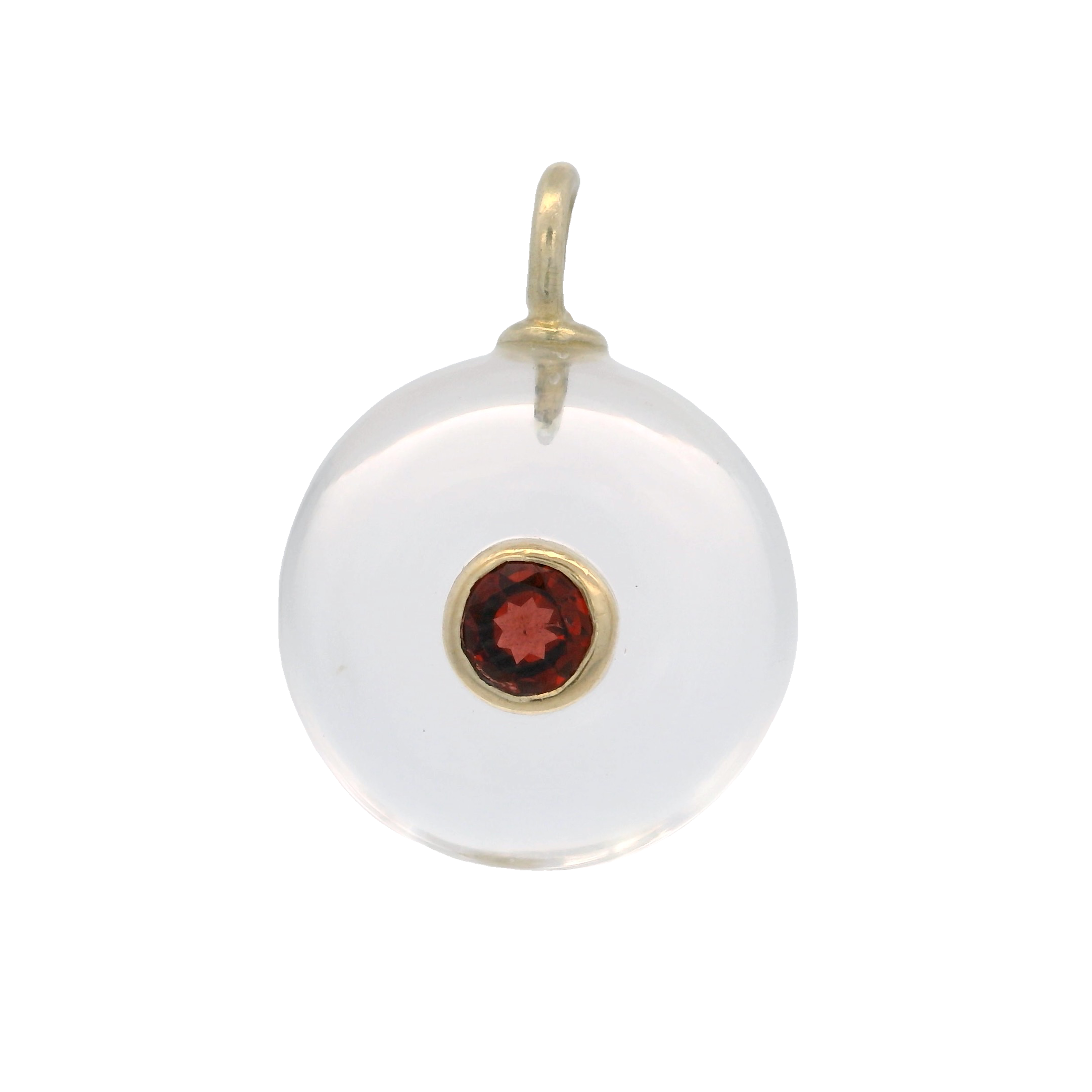 925YG ROUND CUT ROCK CRYSTAL CENTER GARNET CHARM