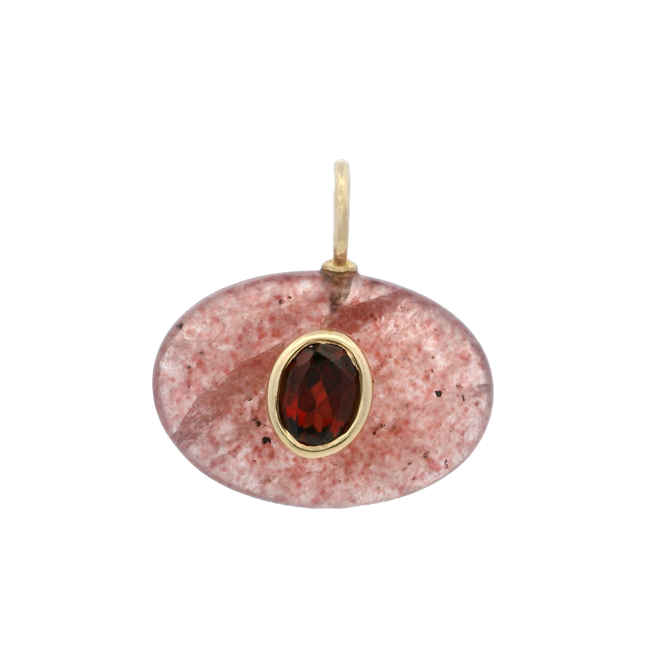 925YG OVAL STRAWBERRY QUARTZ CENTER GARNET CHARM