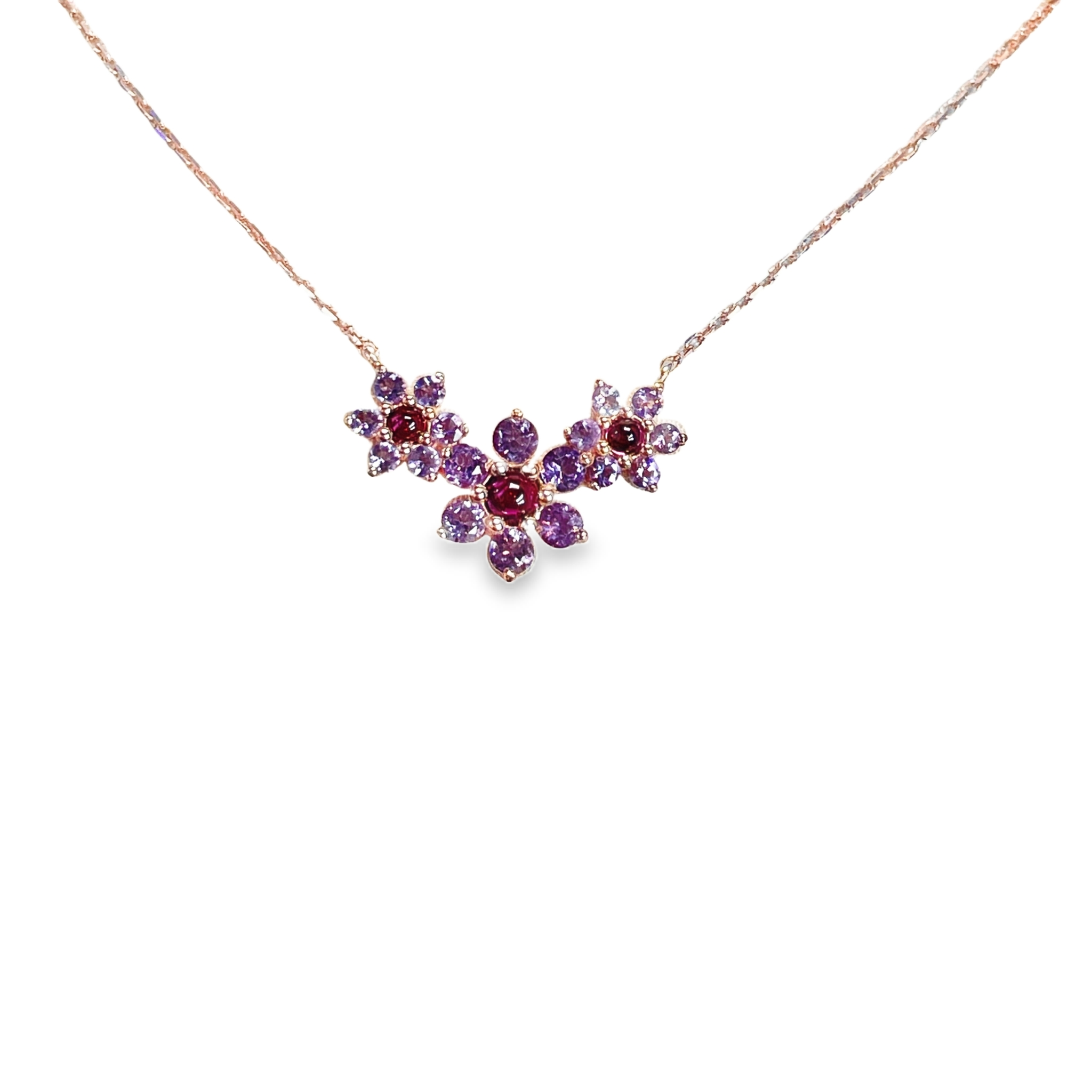 925RG TRIPLE FLOWER CENTER 11MM GARNET CENTER AMETHYST NECKLACE
