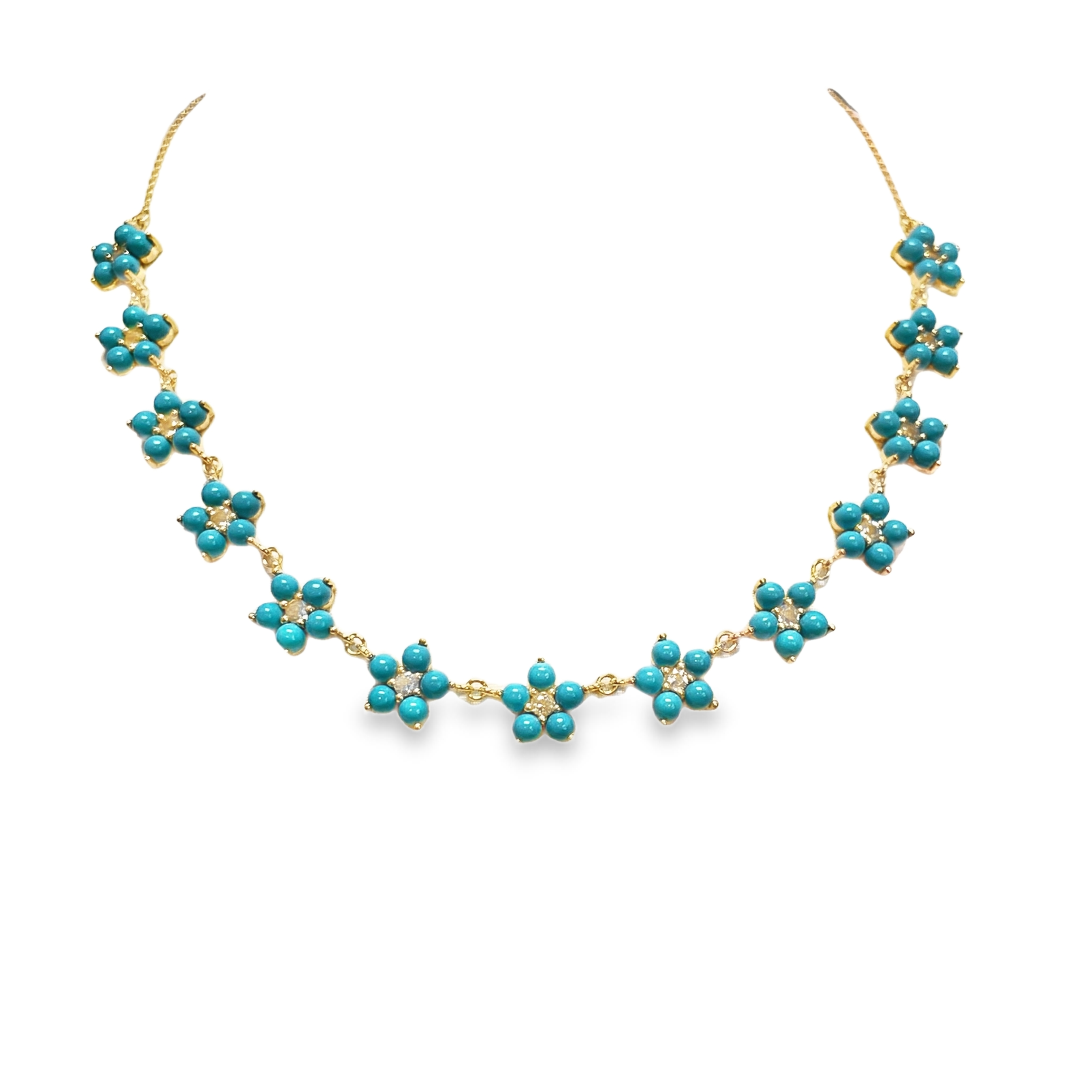 925YG STATION FLOWER 10MM TURQUOISE SYN CENTER TOPAZ WHITE NECKLACE