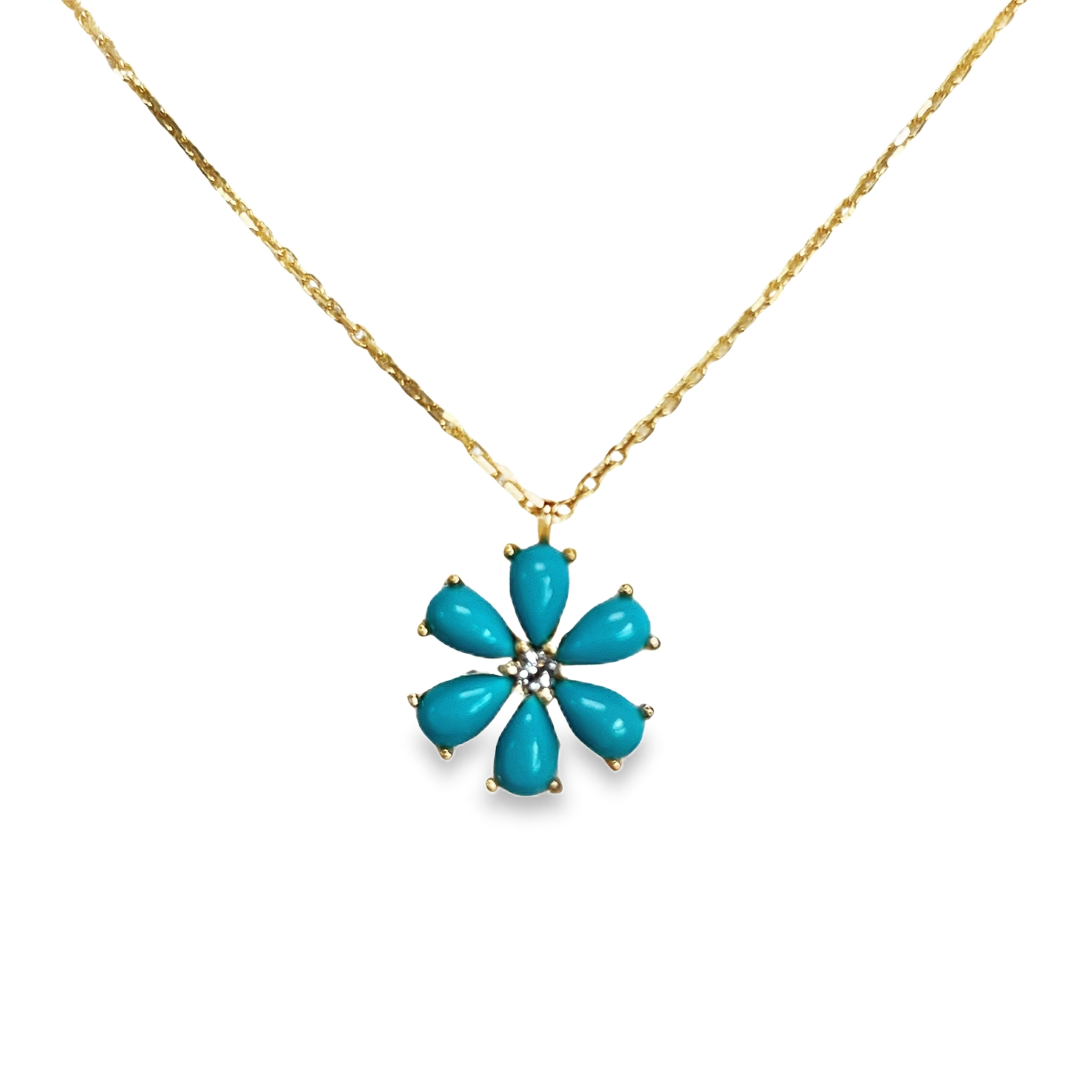 925YG FLOWER 12MM TURQUOISE SYN CENTER TOPAZ WHITE NECKLACE